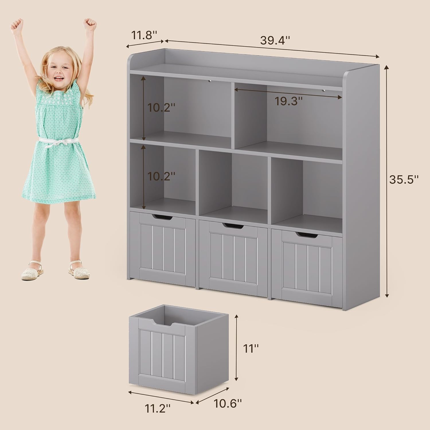 Gizoon Toy Storage Cabinet and Kids Bookcase with 3 Movable Drawers and 6 Open Shelves Featuring Fall Prevention Barrier for Playroom Nursery Kids Room Organization, Gray