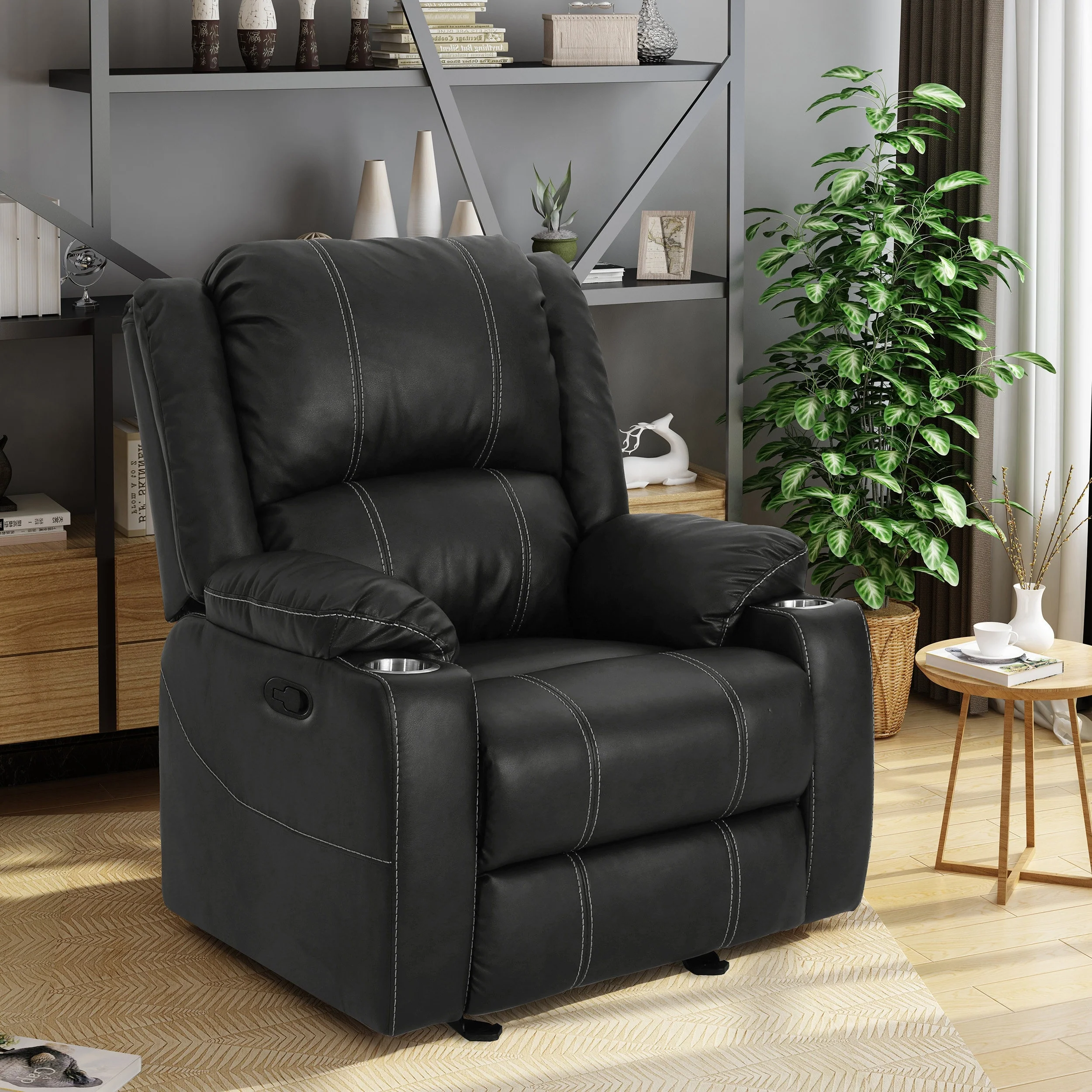 Modern Manual Recliner Chair with Plush PU Leather, Built-in Steel Cup Holders, and Adjustable Reclining