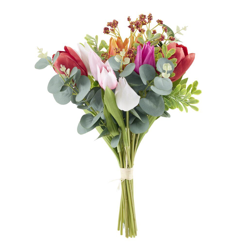 Bouquet artificiel 24 tiges tulipes rouge et eucalyptus Ø24xH38cm