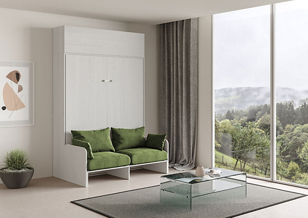 Lit double escamotable Kentaro 160 cm avec canapé et élément mural en frêne blanc, vert