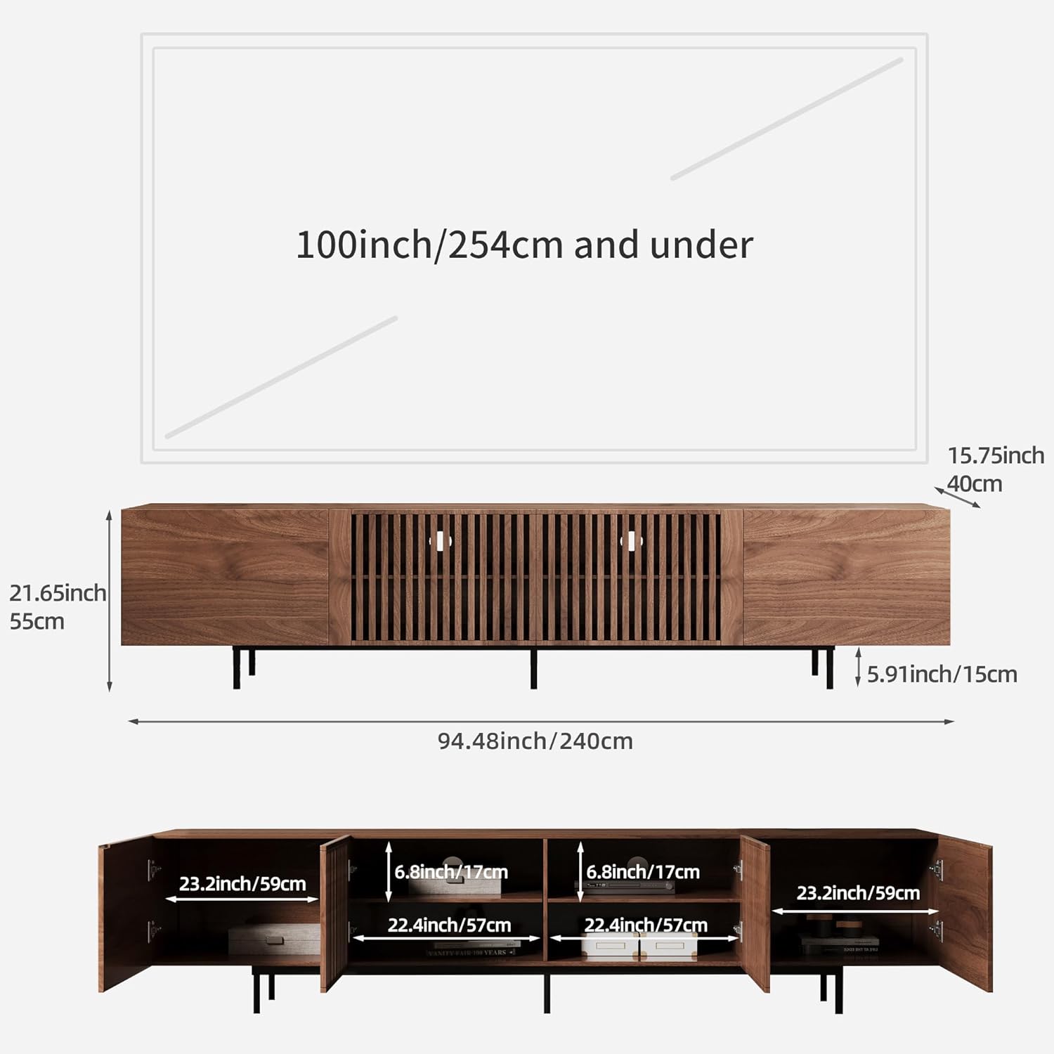 94.48 Mid Century Modern TV Stand for TVs up to 70-90,Tv Console with 4 Storage Cabinets, Media Furniture for Living Room or Bedroom,Walnut