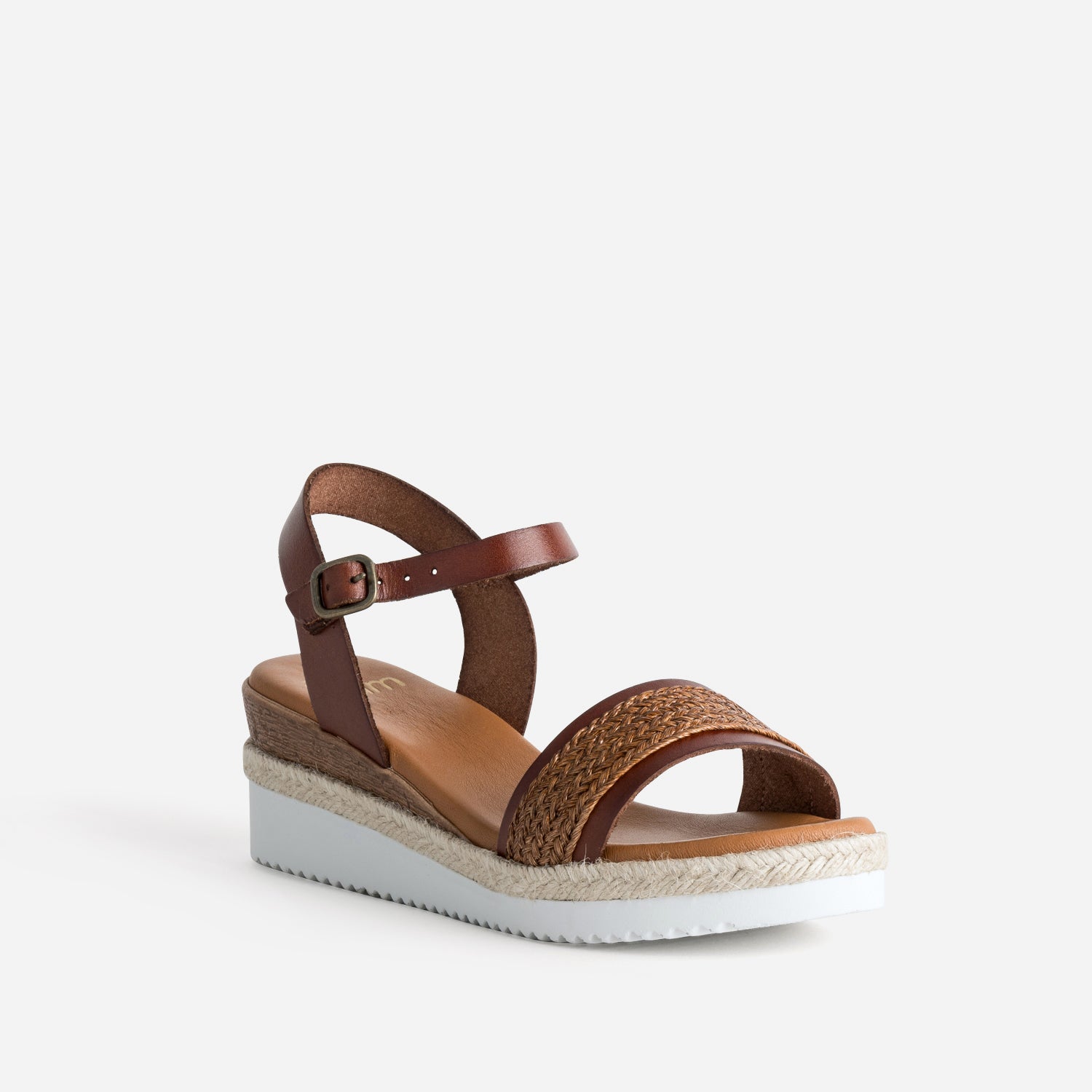 Sandale compensée cognac cuir et tressage