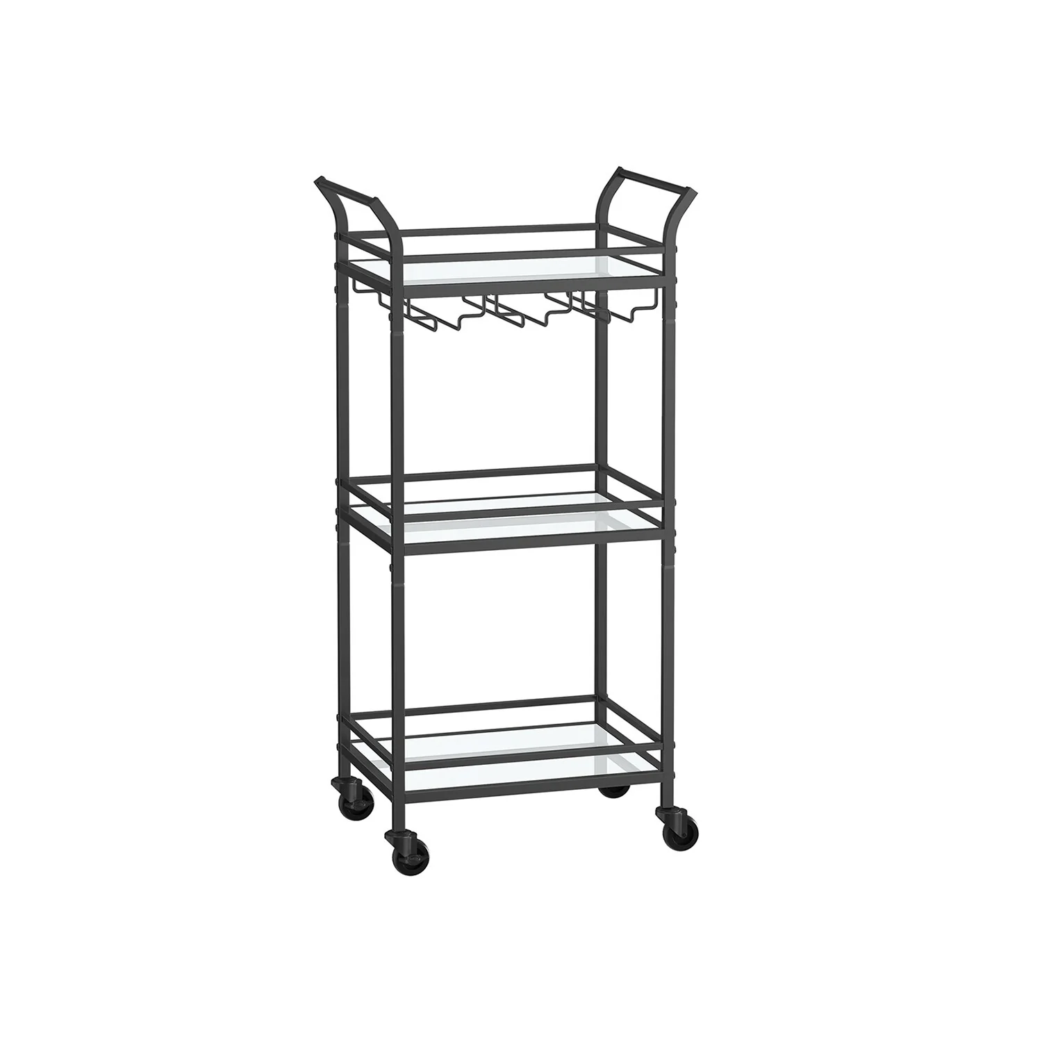 3 Tier Modern Compact Bar Cart with Mirrored Shelves Lockable Casters and Wine Glass Storage Rack - 11.8”D x 18.4”W x 36.2”H