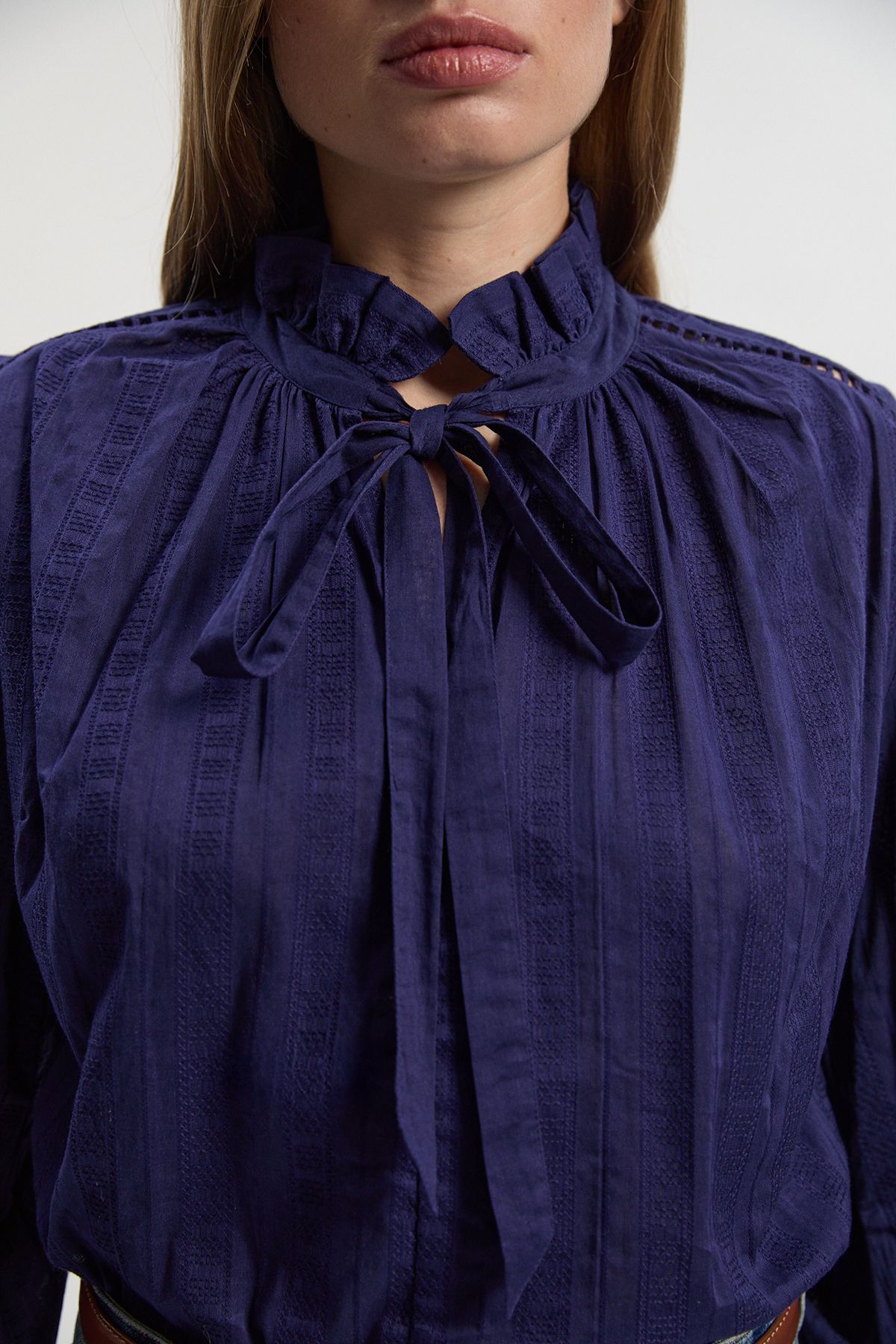 KarenMillen Cotton With Lace Trim Insert High Neck Puff Sleeve Blouse