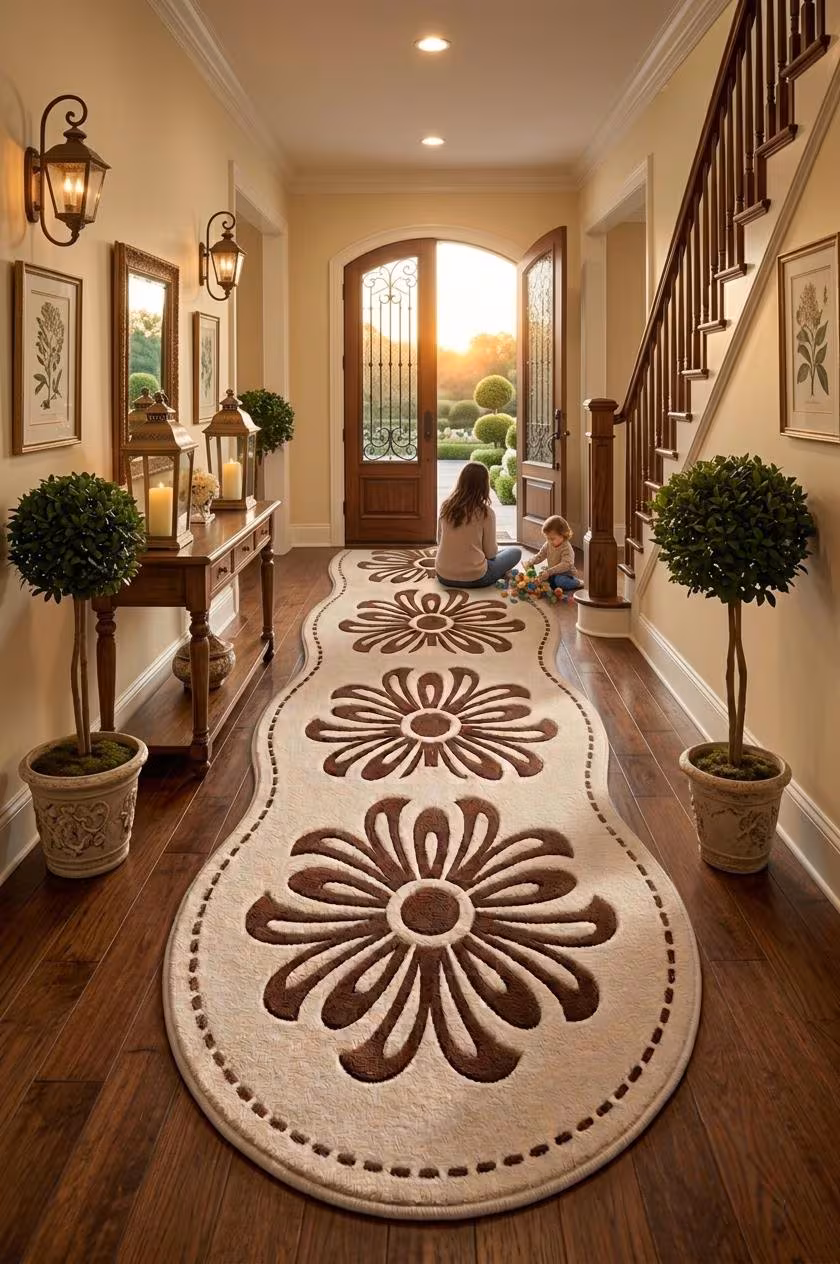 Floral Runner Rug, Cream Brown Flower Rug, Scalloped Area Rug, Hand Tufted Wool Runner, Boho Hallway Rug, Bedroom Runner, Custom Size
