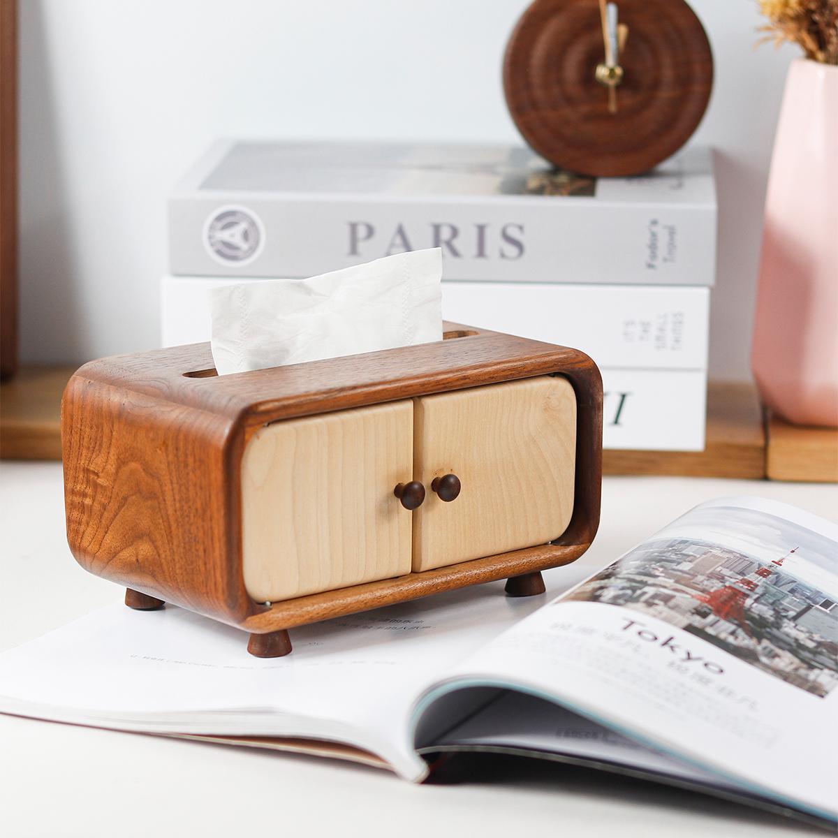 Mini Wooden Tissue Box, Handmade Creative Cabinet-design Tissue Box Cover for Small Packs, Housewarming gift, Japandi Wooden Home Decor