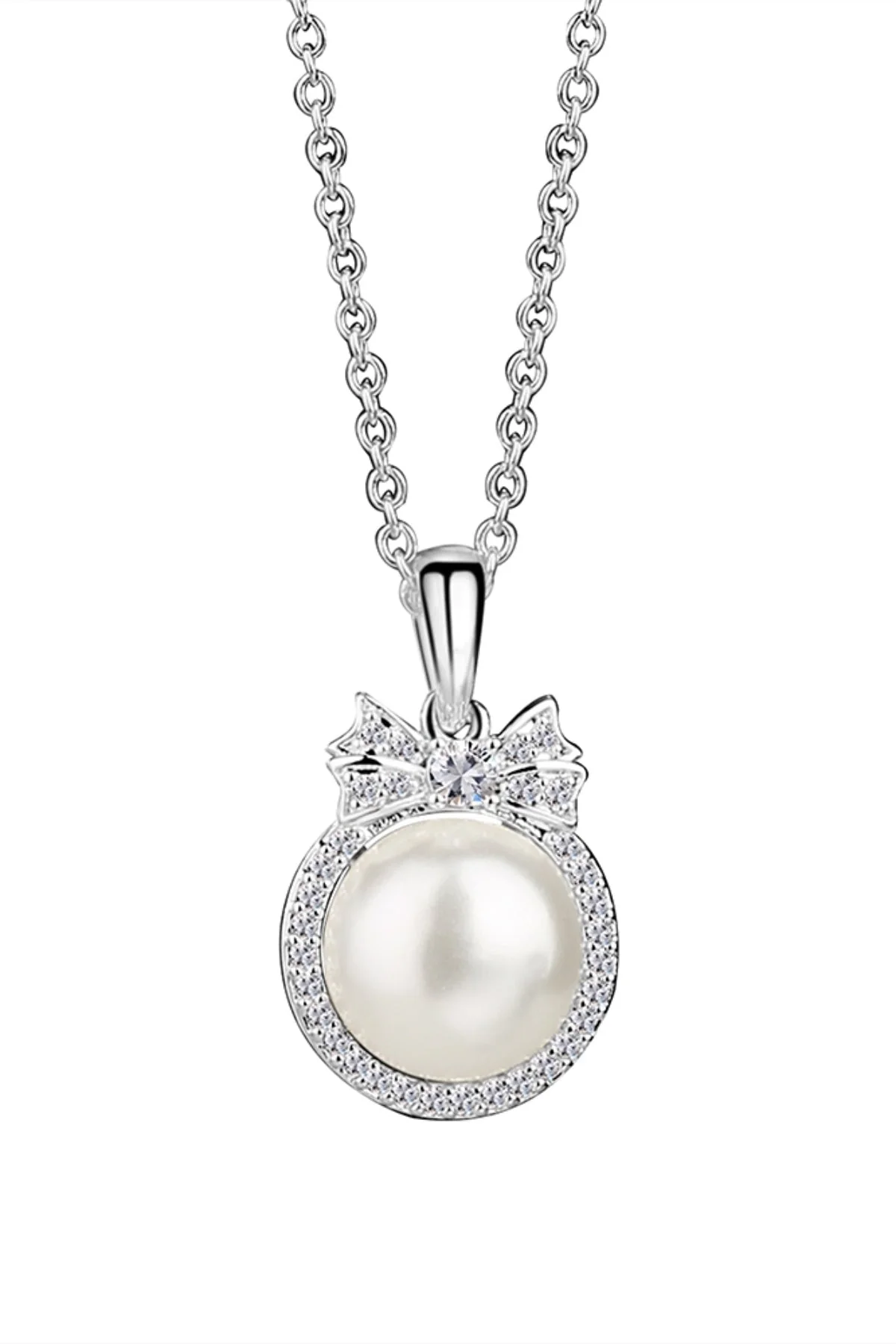Silver Plated Pearl Pendant with Clear Stones