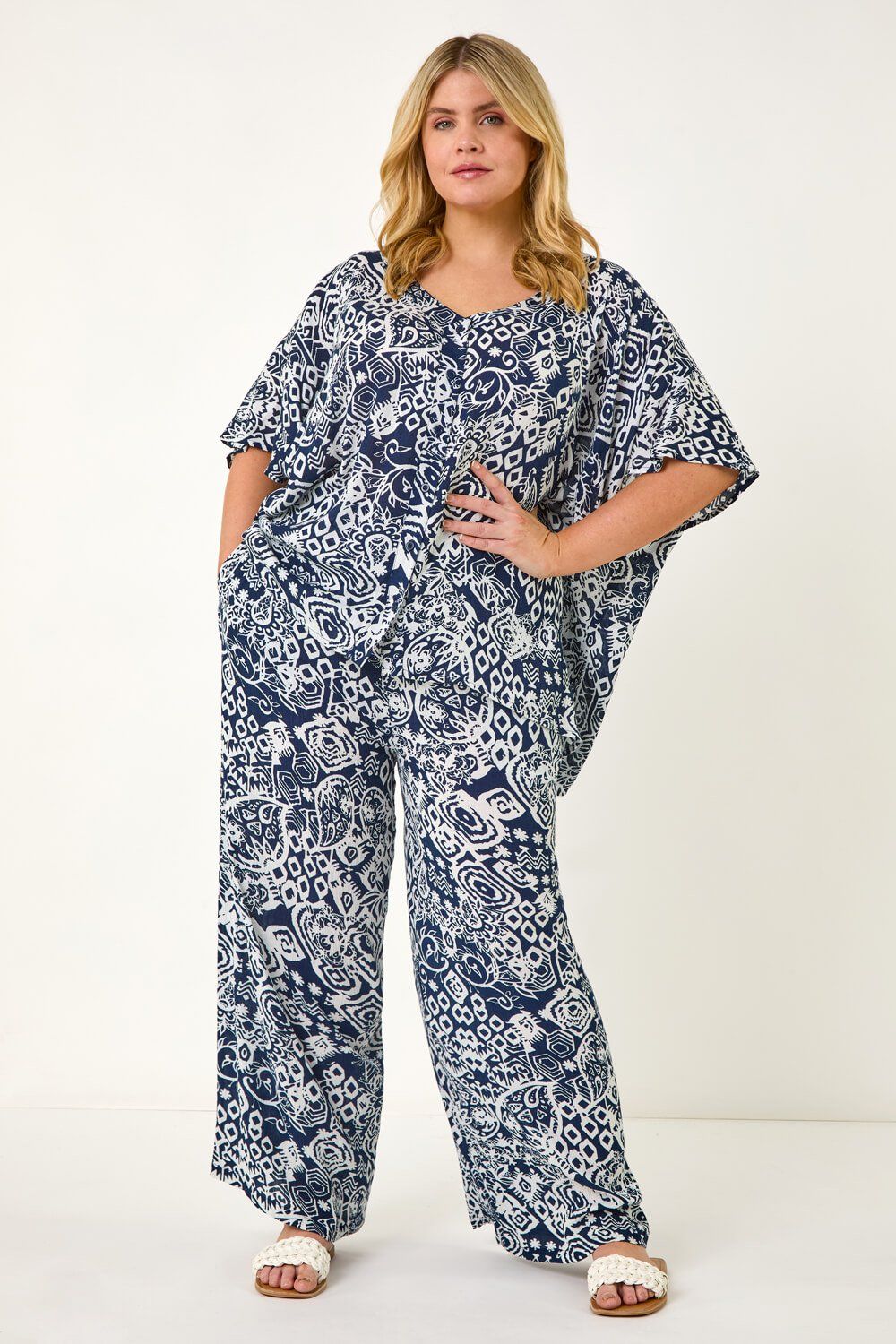 Roman Curve Ikat Print Asymmetric Blouse