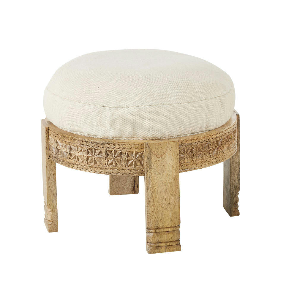 SHAINA - Tabouret en bois de manguier et coussin en coton beige