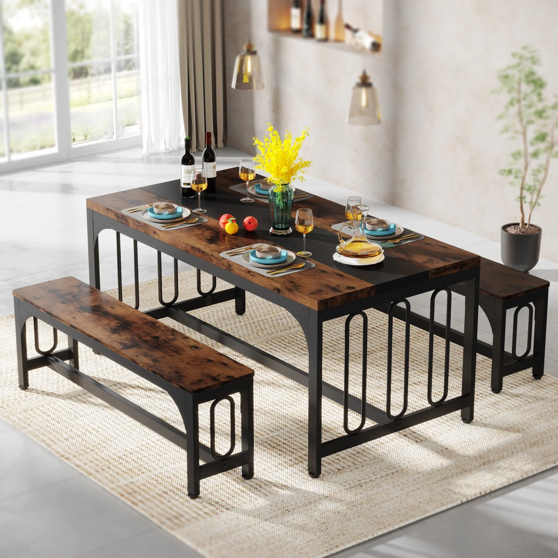 55 Dinning Room Table Set for 4-6, Farmhouse 3-Piece Kitchen Table with 2 Benches,Breakfast Nook Bench Kitchen Nook Table Set