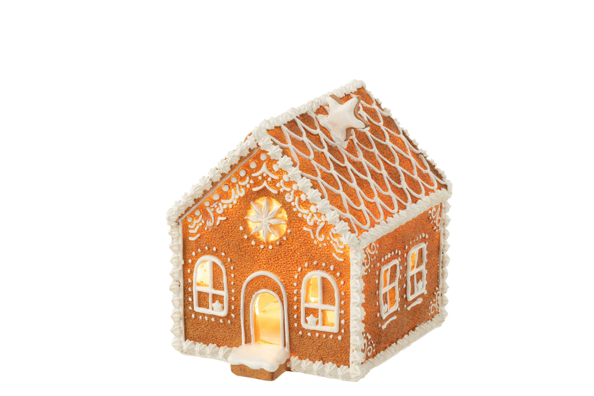 J-Line decoratie Huis Peperkoek Vierkant Ster - polyresin - bruin - medium - LED lichtjes