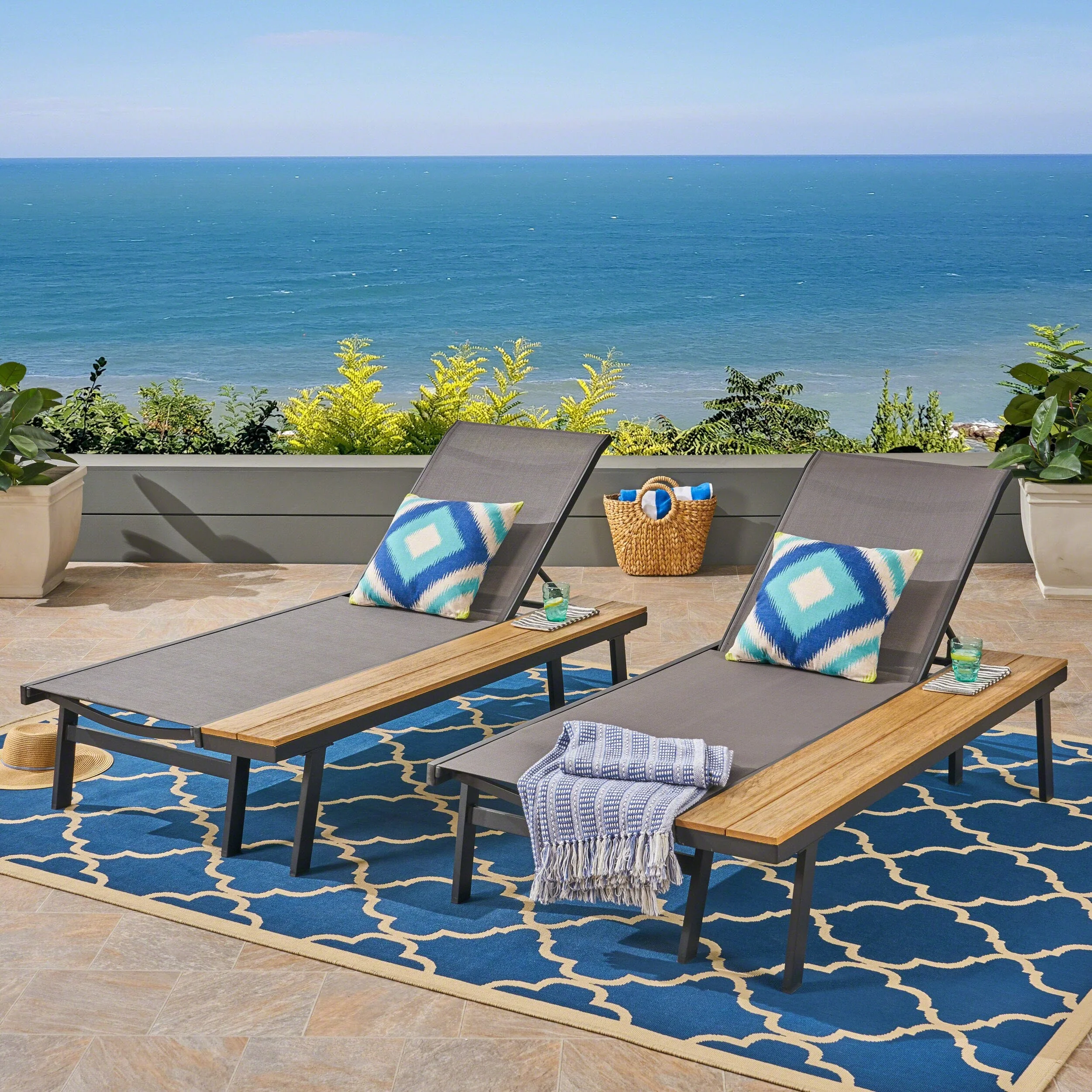 2-Piece Wood Moisture-resistant Reclining Chair, Rust-resistant Mesh Chaise Lounge Chair with Adjustable Backrest & Side Chair