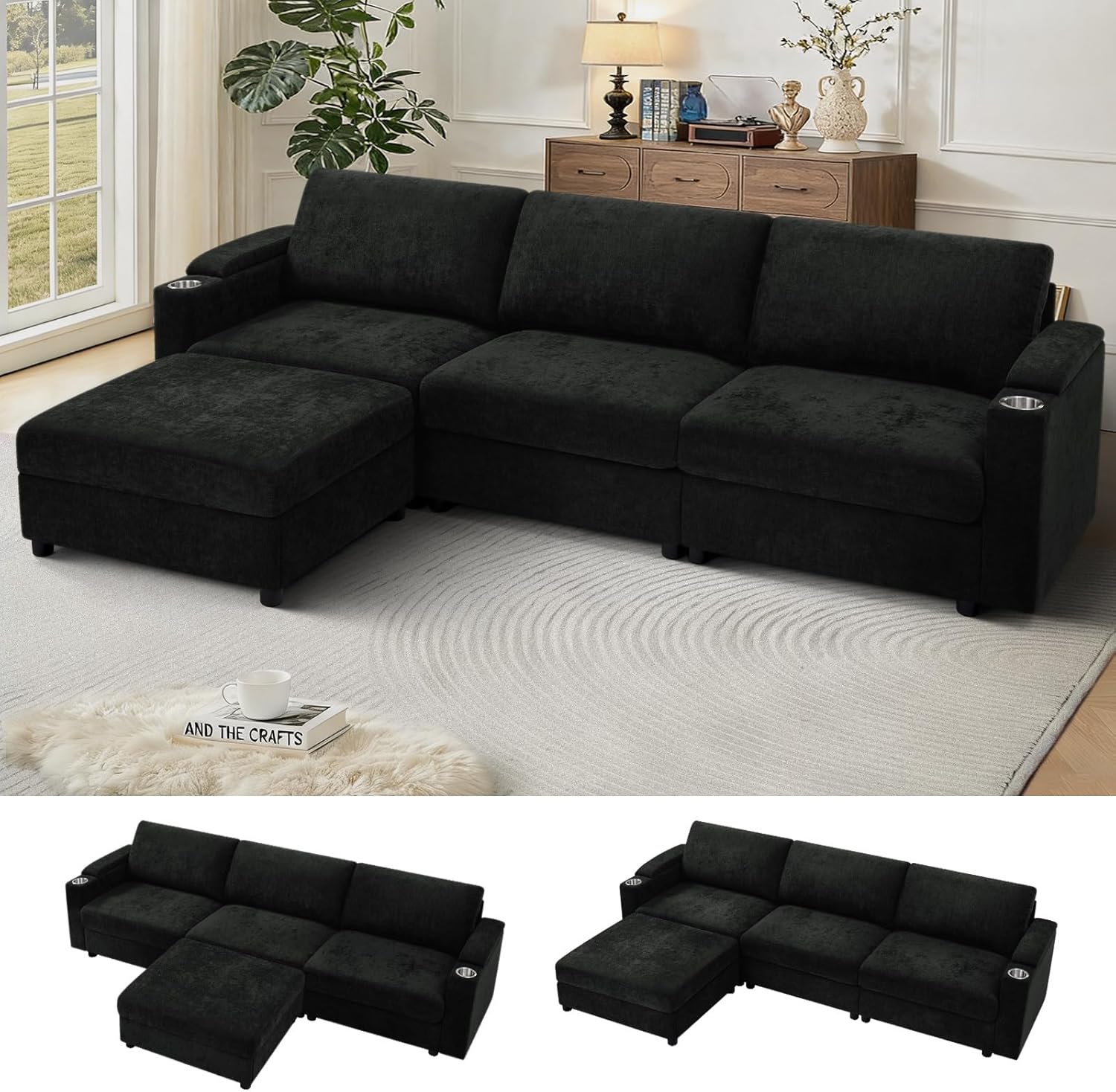 108'' Chenille Sectional Couch with Storage Armrests,L Shaped Upholstered Sofa with Movable Ottoman, 4-Seat Modular Couch with Cup Holders for Living Room, Black