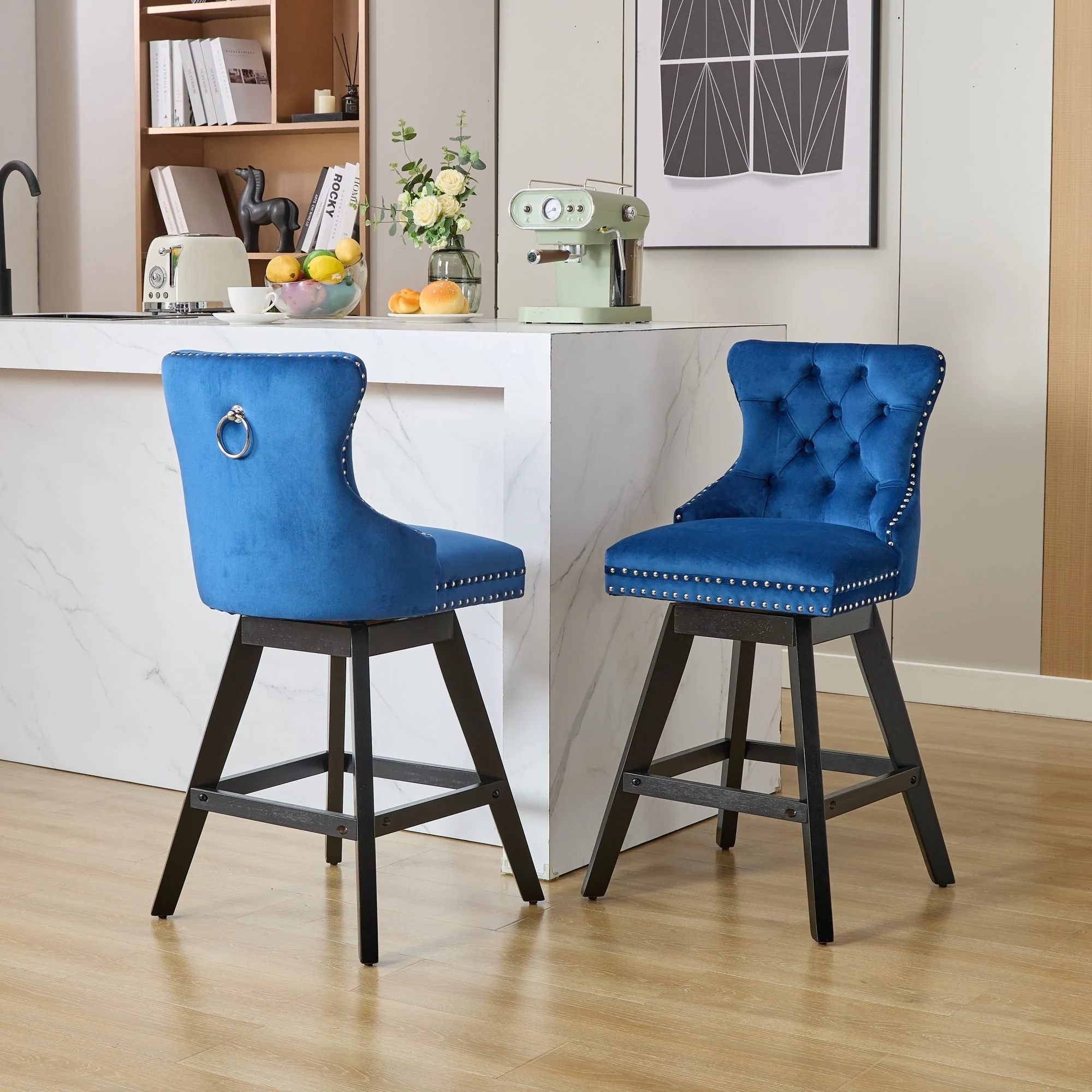 Swivel Bar Stools Set of 2, Velvet Counter Height Barstools with Wooden Legs, Kitchen Island Chairs with Button Backrest
