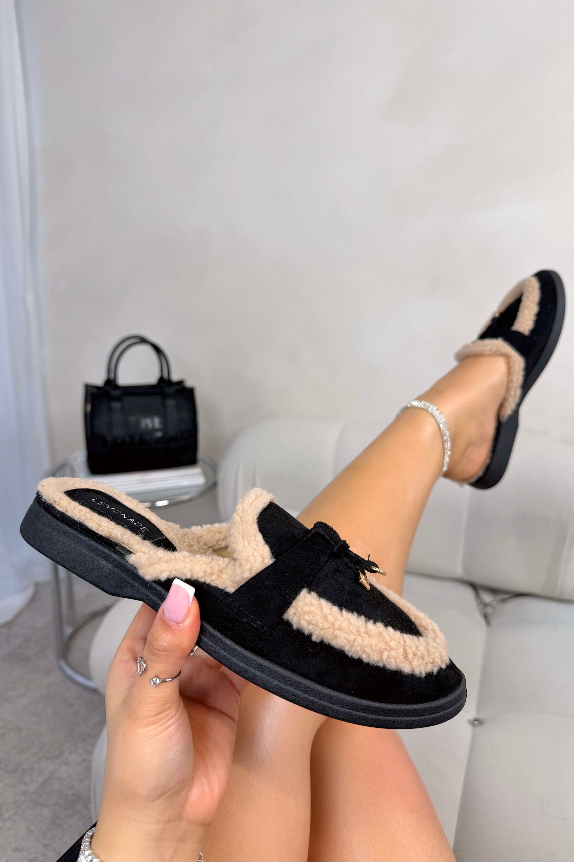 Love Lemonade Velvet Crush Teddy Trim Slip On Clog Mules