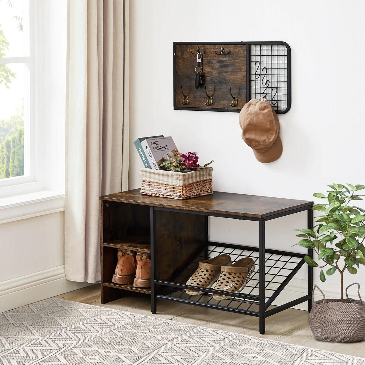 Shoe Bench with Coat Rack,Entryway Shoe Rack with Coat Hooks