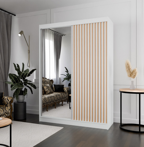 Szafa z lamelami i lustrem 150 cm - biała   lam. craft złoty