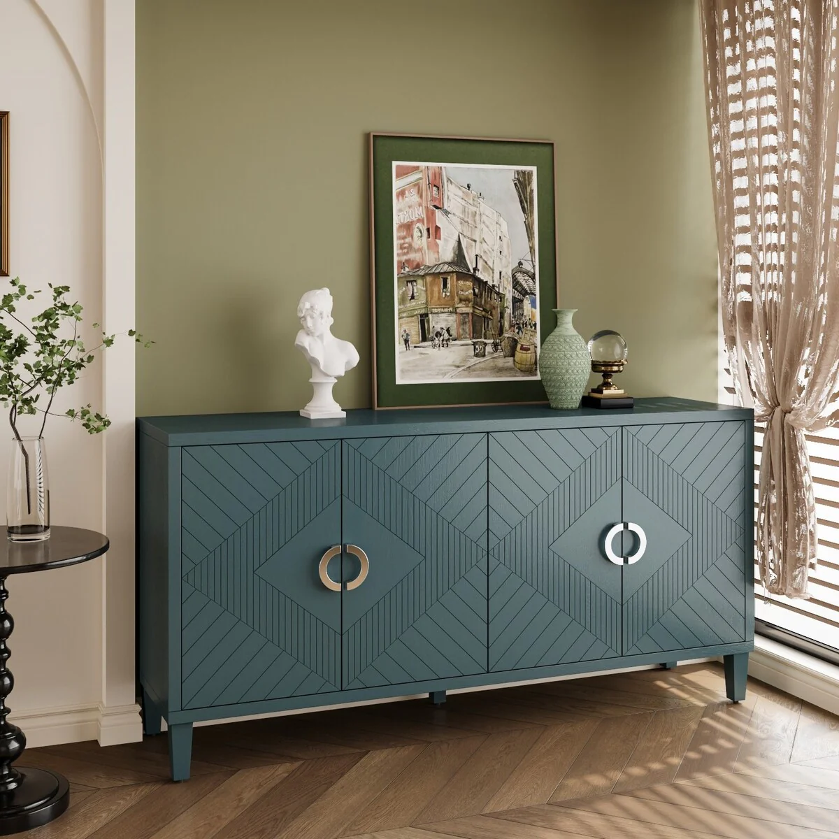 Unique Stylish 4-Door Storage Cabinet with Pine Legs Sideboard Buffets