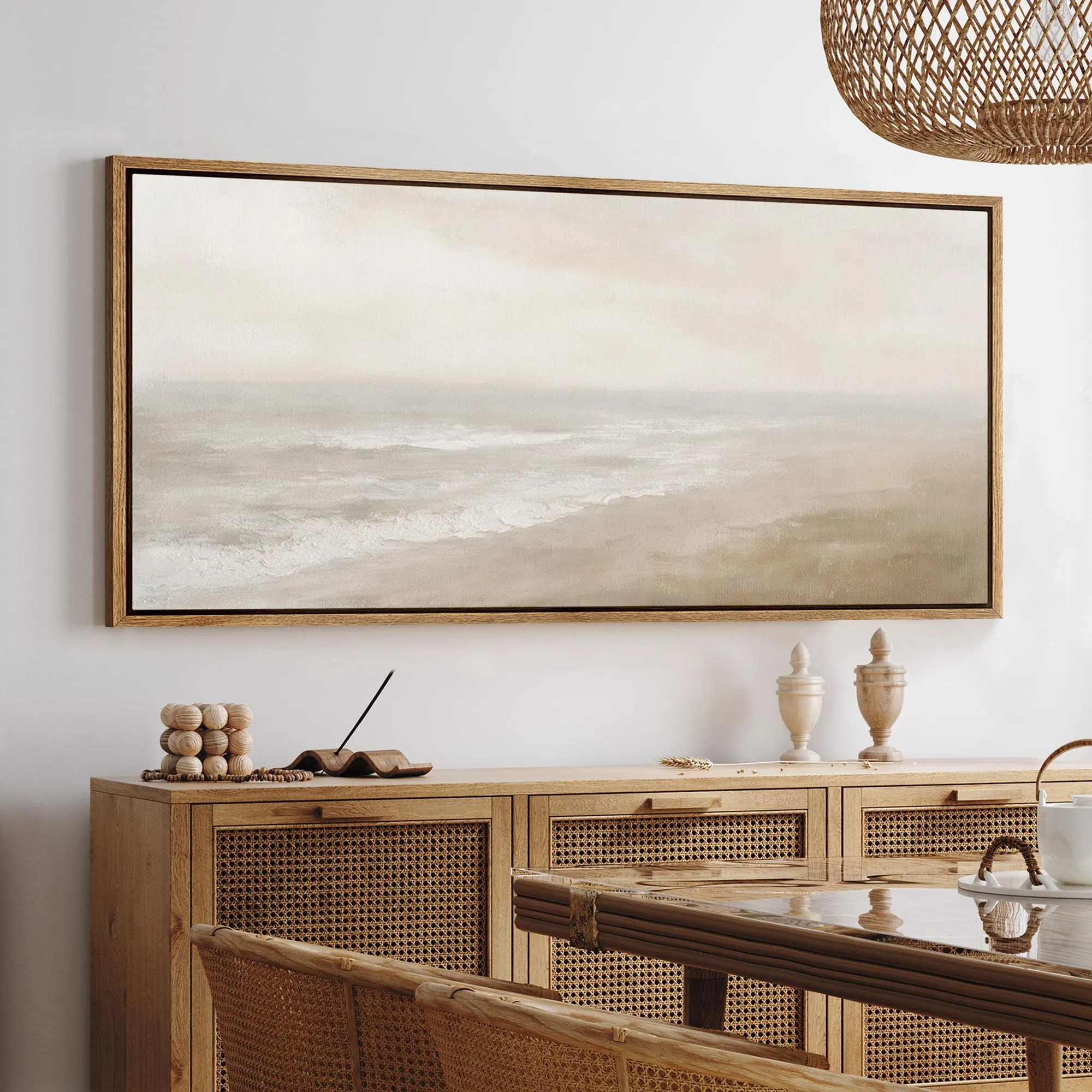 Minimalist Ocean Wall Art, Large Framed Neutral Beach Landscape Canvas Print, Serene Coastal Decor for Calm Bedroom or Living Room