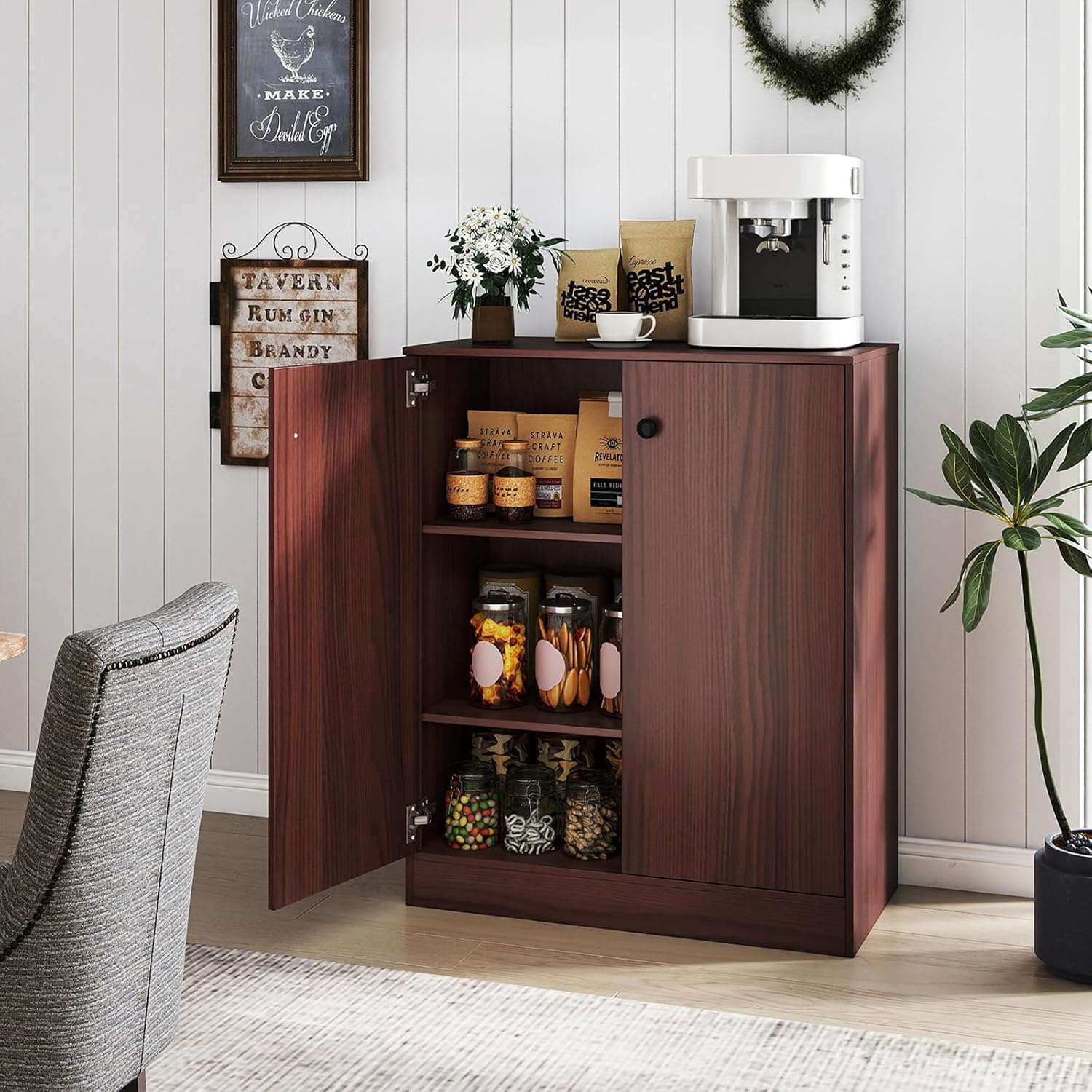 Giantex 2 Door Storage Base Cabinet - Freestanding Floor Cabinet with 3-Tier Shelf, Non-Slip Foot Pads, Kitchen Cupboard Storage Organizer for Living Room, Hallway, Entryway, Office (Brown)