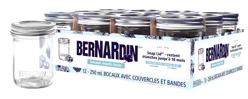 Bernardin Regular Mouth Smooth Glass Mason Jars with Snap Lids, 250 ml, 12 Count