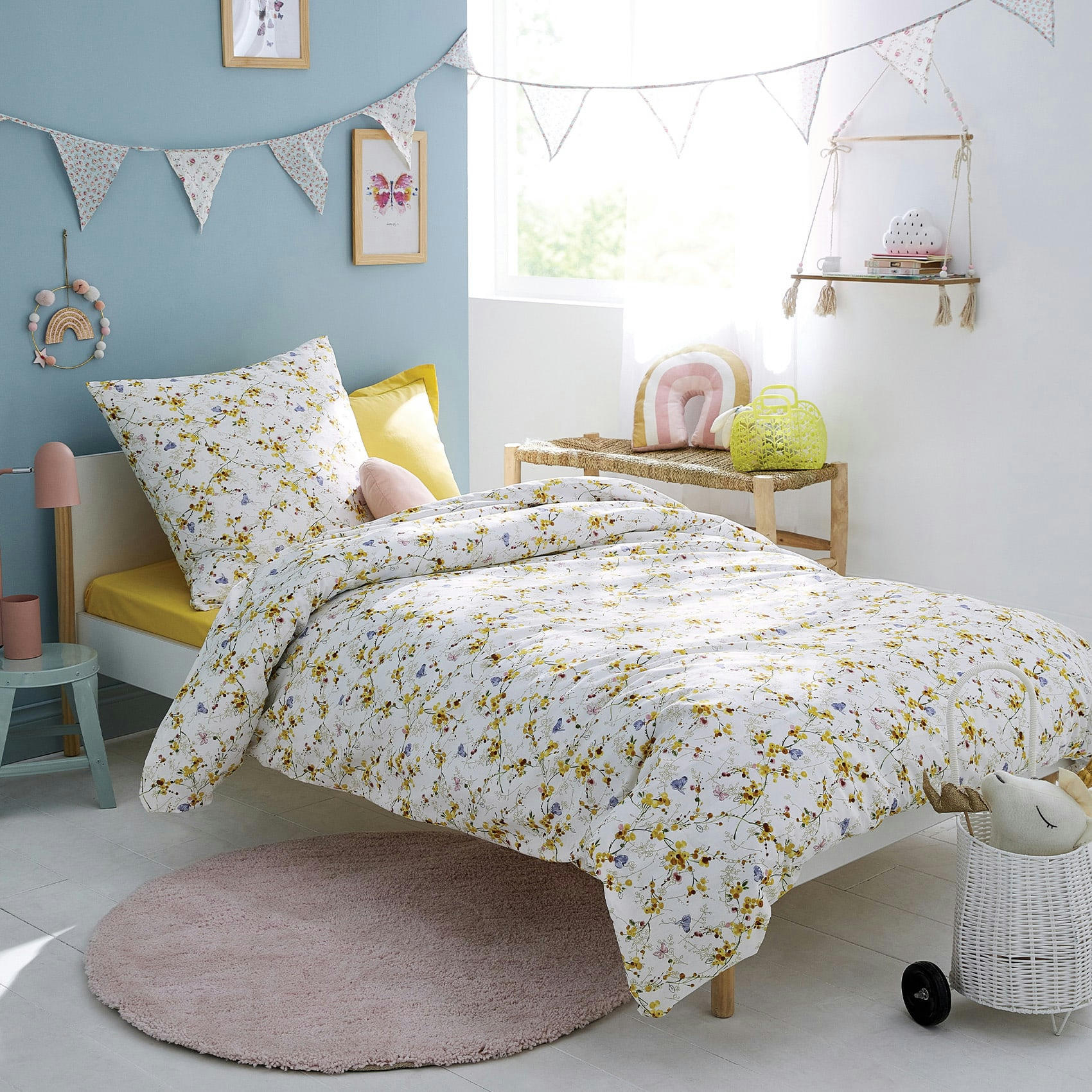 - Housse de couette imprimée papillons fleuris coton jaune 200x200 cm