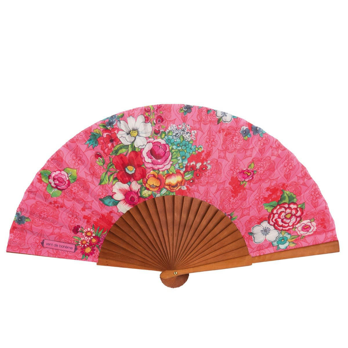 HANAMI - Éventail en bois de merisier et coton imprimé fleuri corail