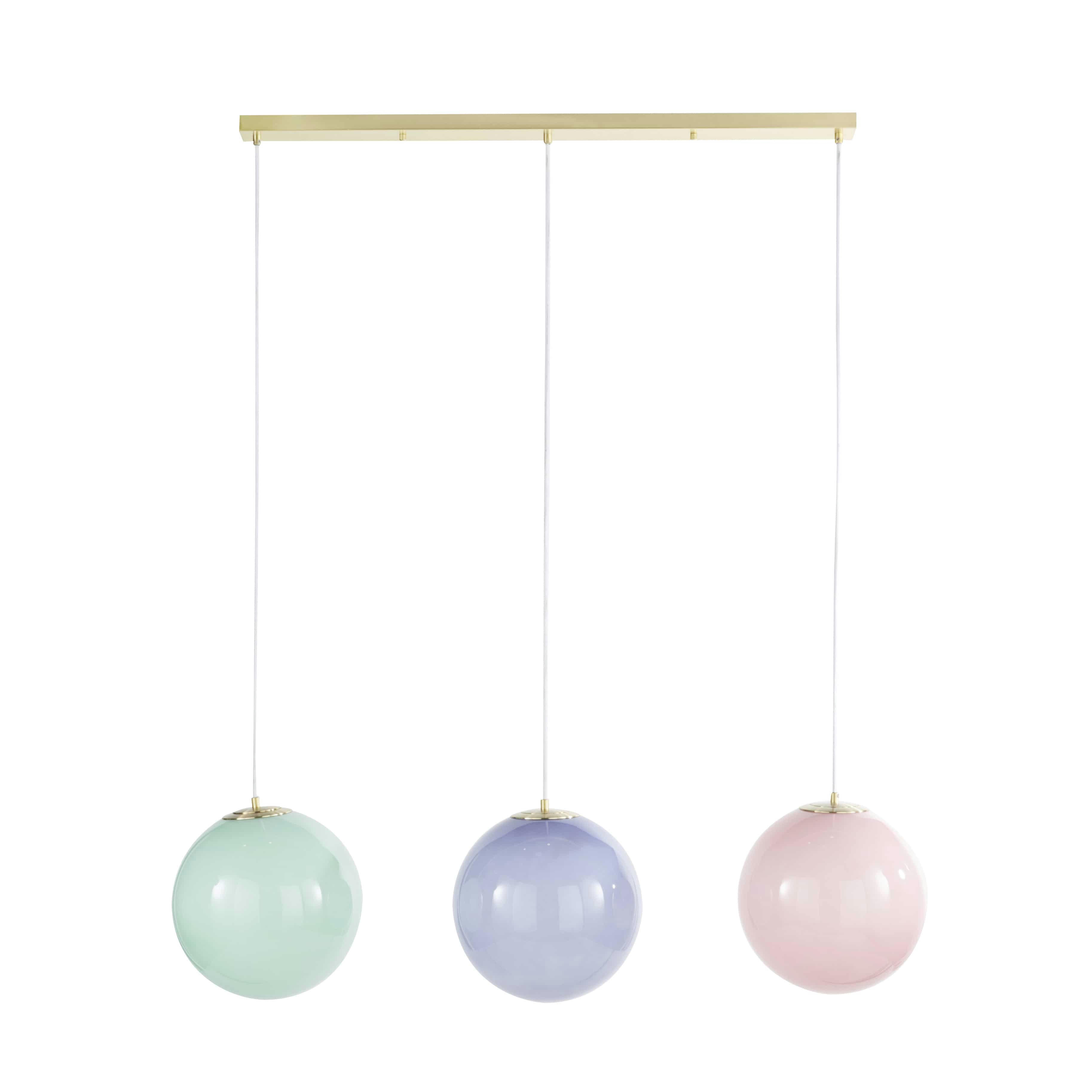ELIET - Suspension rampe 3 abat-jours en verre opaline teinté bleu, vert et rose