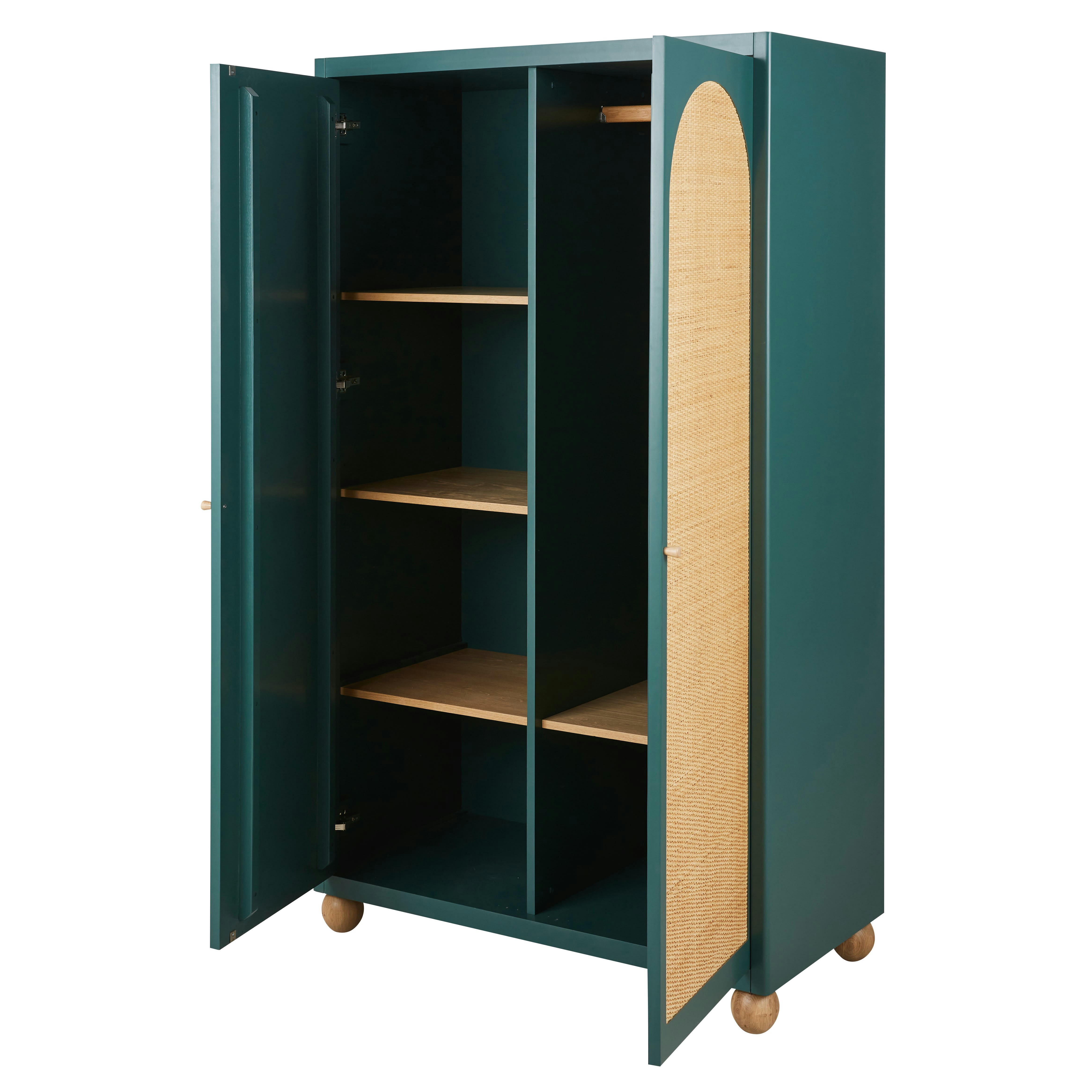 DABALI - Armoire 2 portes vert foncé et rotin tressé