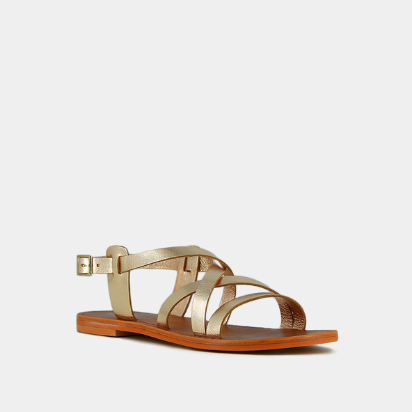 Nu-pieds à brides croiséesen cuir métallisé platine et cognac | WISCHIA