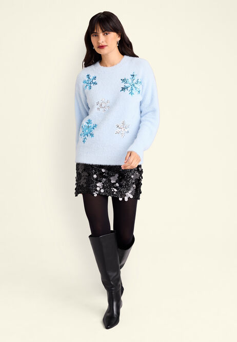 Womens Blue Sequin Christmas Snowflake Lash Jumper