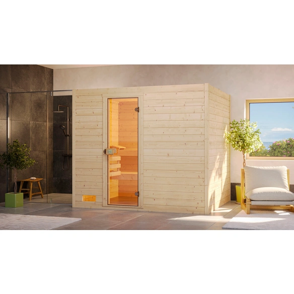 Massivholzsauna »VALIDA 4«, 6 Personen, inkl. 9 kW Ofen mit externer Steuerung