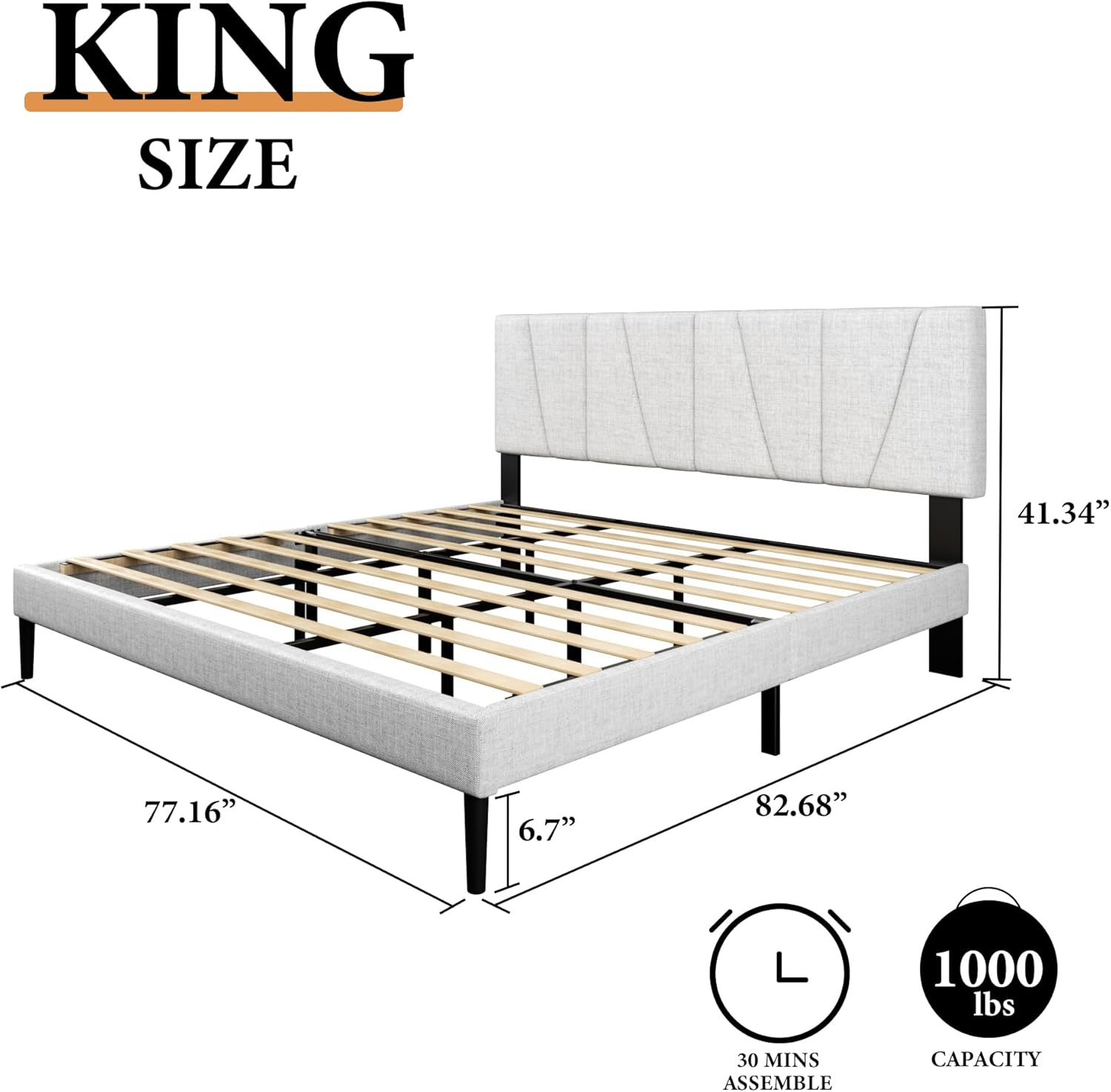 King Size Platform Bed Frame with Geometric Upholstered Headboard, Noise Free, Wooden Slats Support, No Box Spring Needed, Easy Assembly, Light Grey, Linen