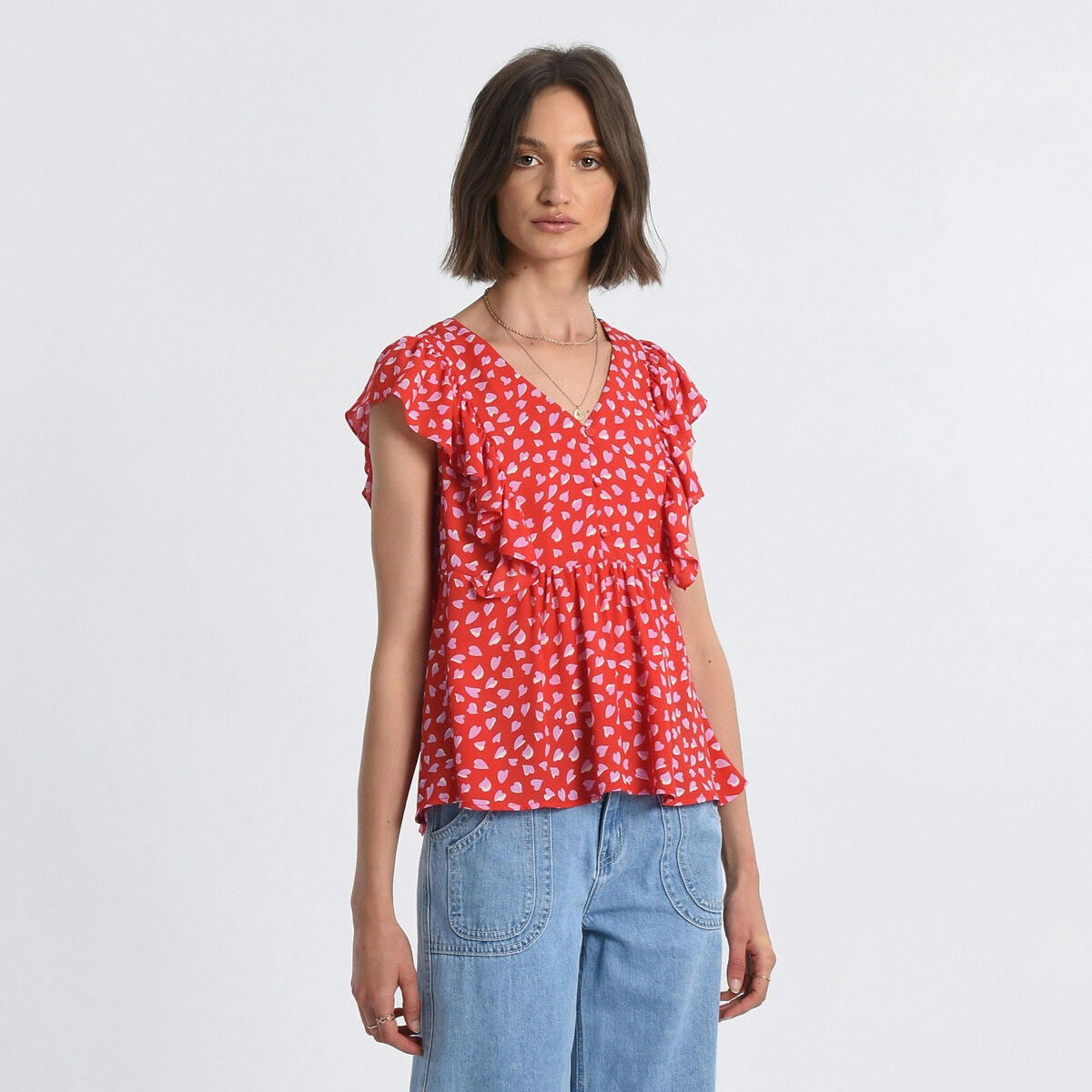 Blouse imprimé cœur, manches courtes volantées