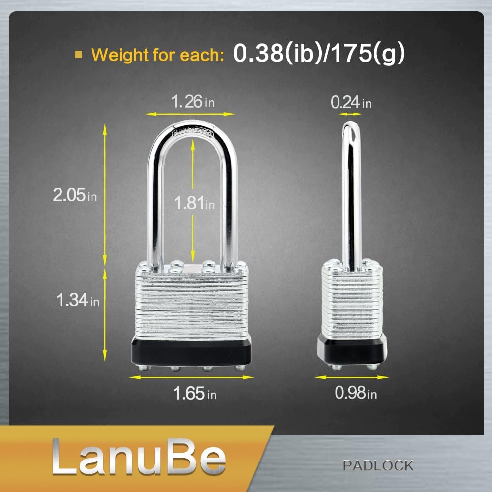 LanuBe Lock Laminated keyed Padlock (1-9/16  40mm)  keyed Alike Locks  Long Shackle Marked Black Plastic Hoop  Pack of 100