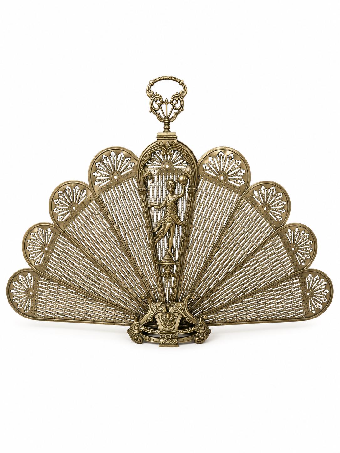 Antique Art Deco Brass Folding Fireplace Screen, Figural Fan, Aged Patina