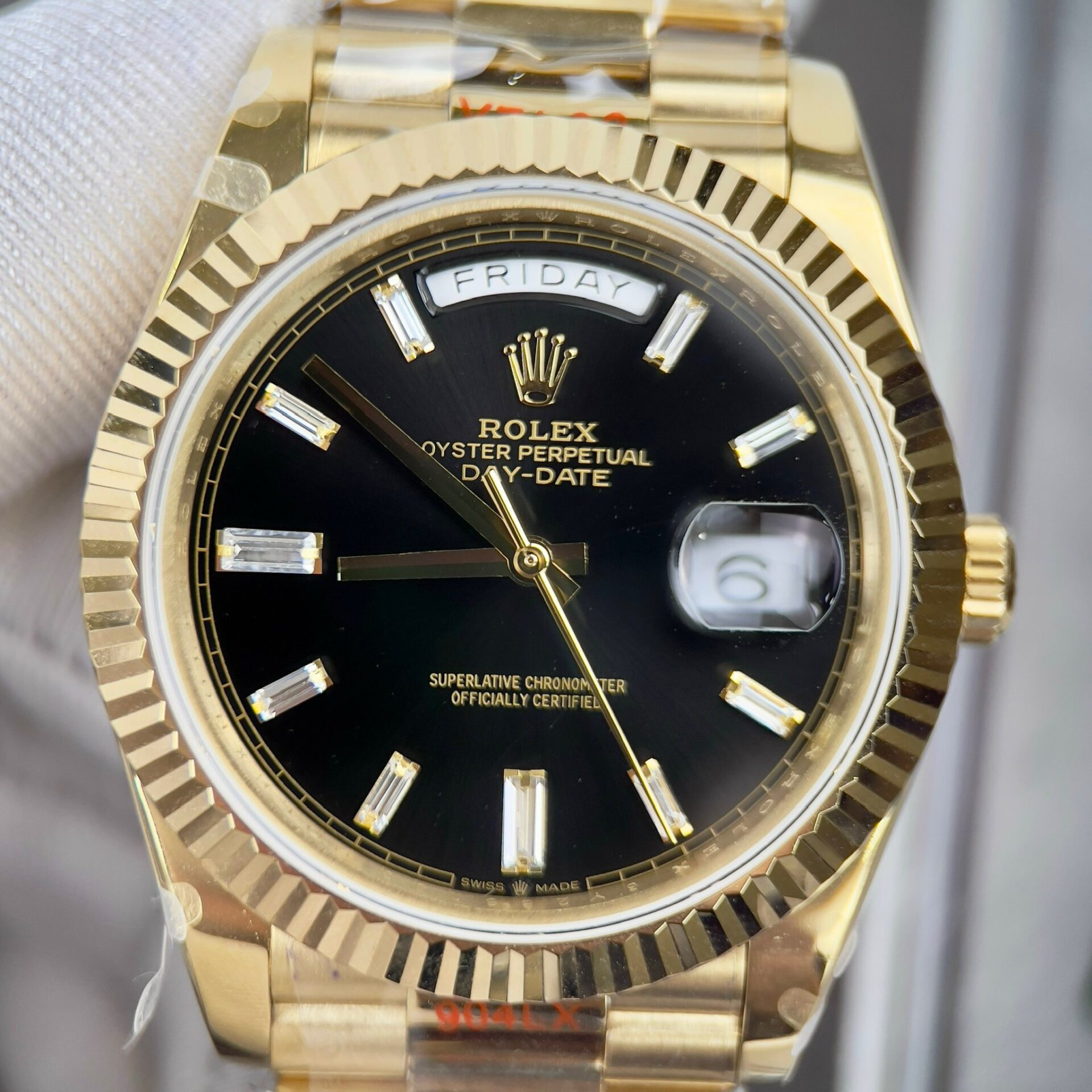 Rolex Day-Date 228238 YG Plated Black Dial CZ Diamonds 40mm Super Clone