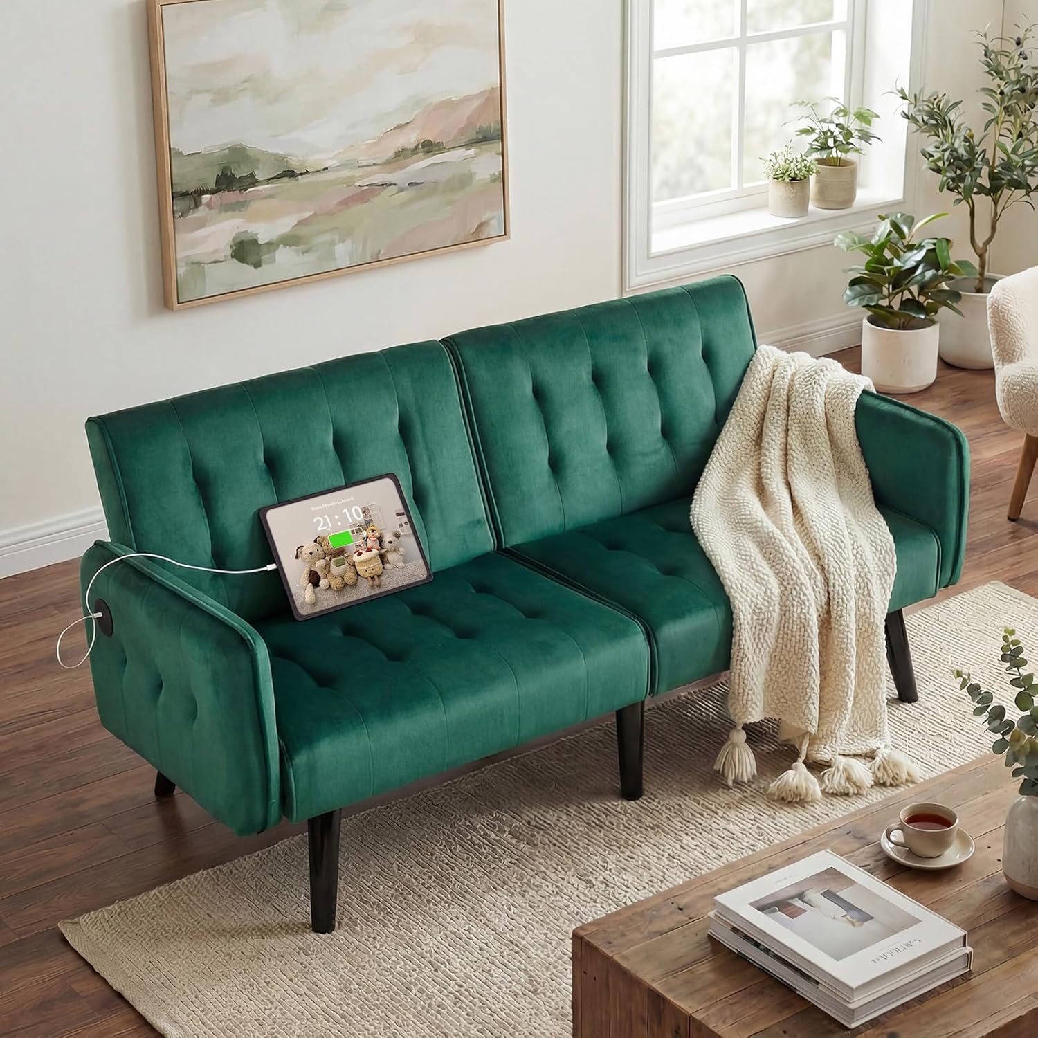 TYBOATLE 65 W Velvet Modern Convertible Folding Futon Couch Sofa Bed w/ 2 USB Charging Ports and arms, Loveseat for Living Room, Office, Apartment, Bedroom (Green)