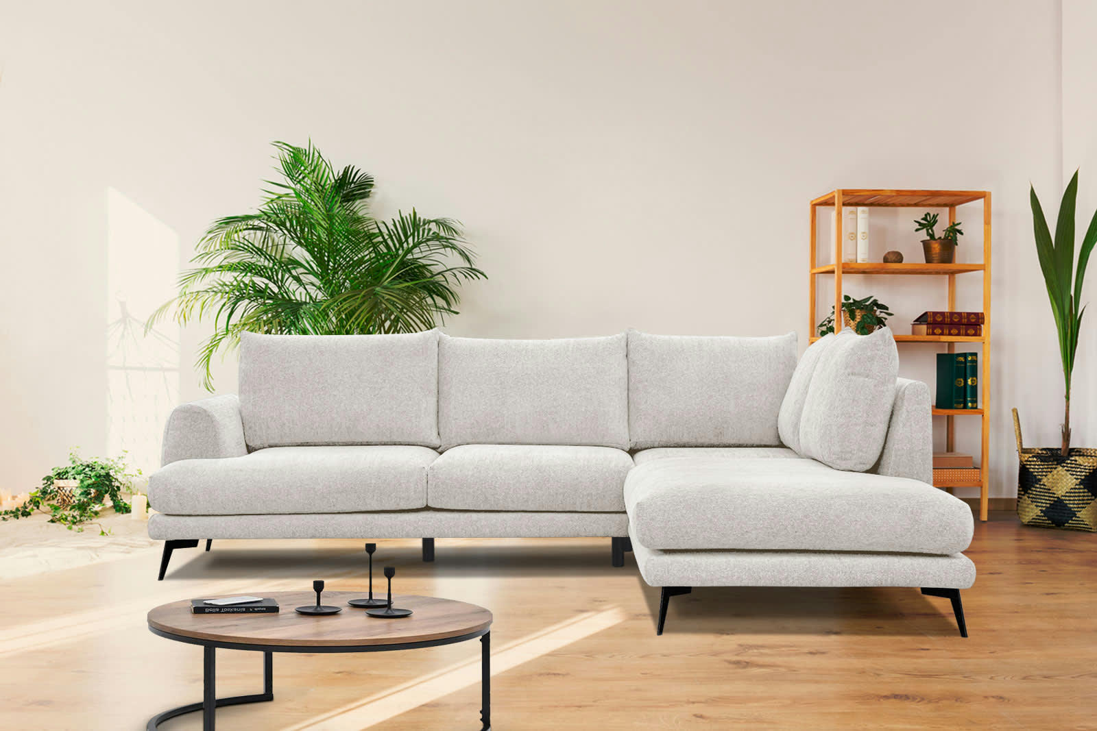 ADRIA - Canapé d'angle droit 5 places tissu écru