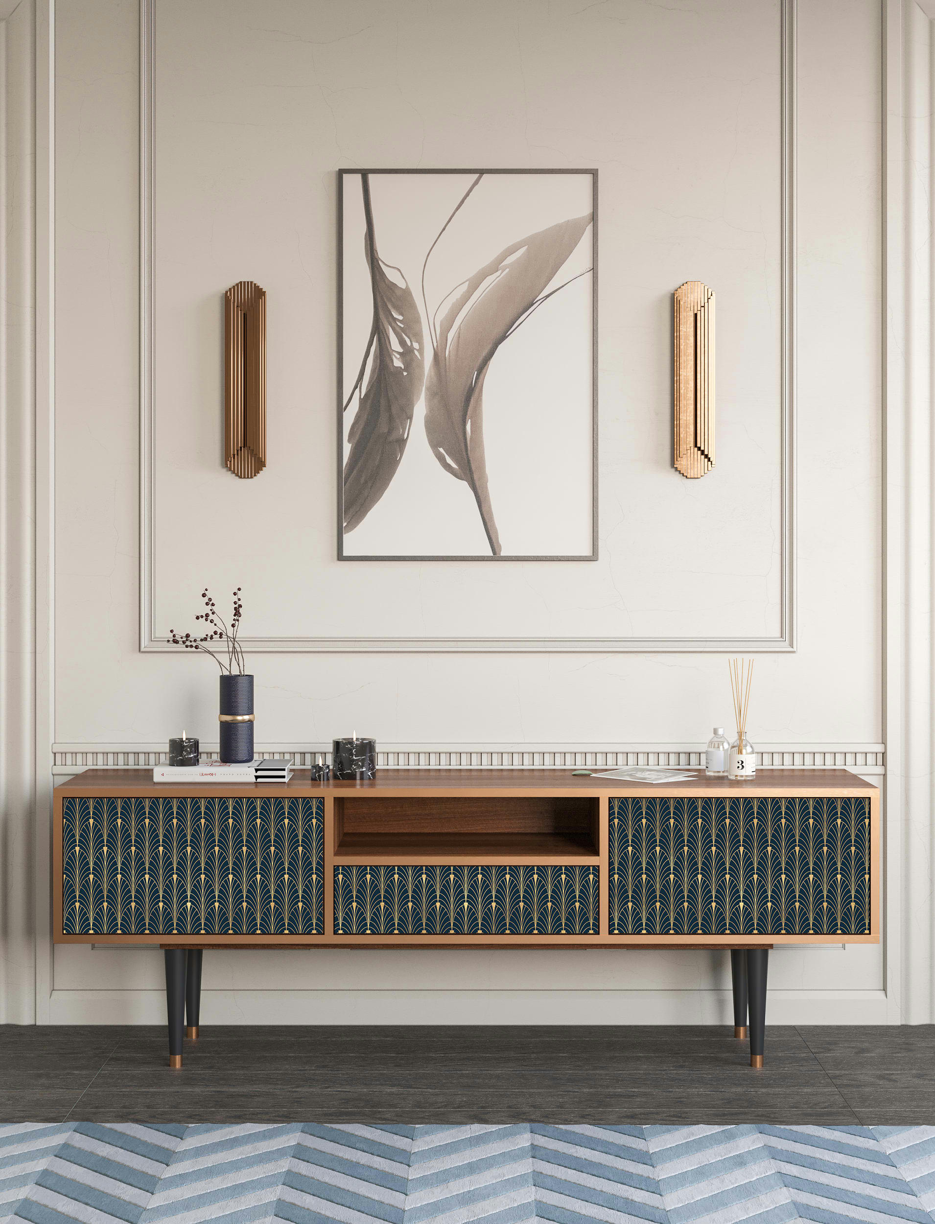 FLOWER OF THE NILE - Meuble TV  bleu et jaune 1 tiroir et 2 portes L 170 cm