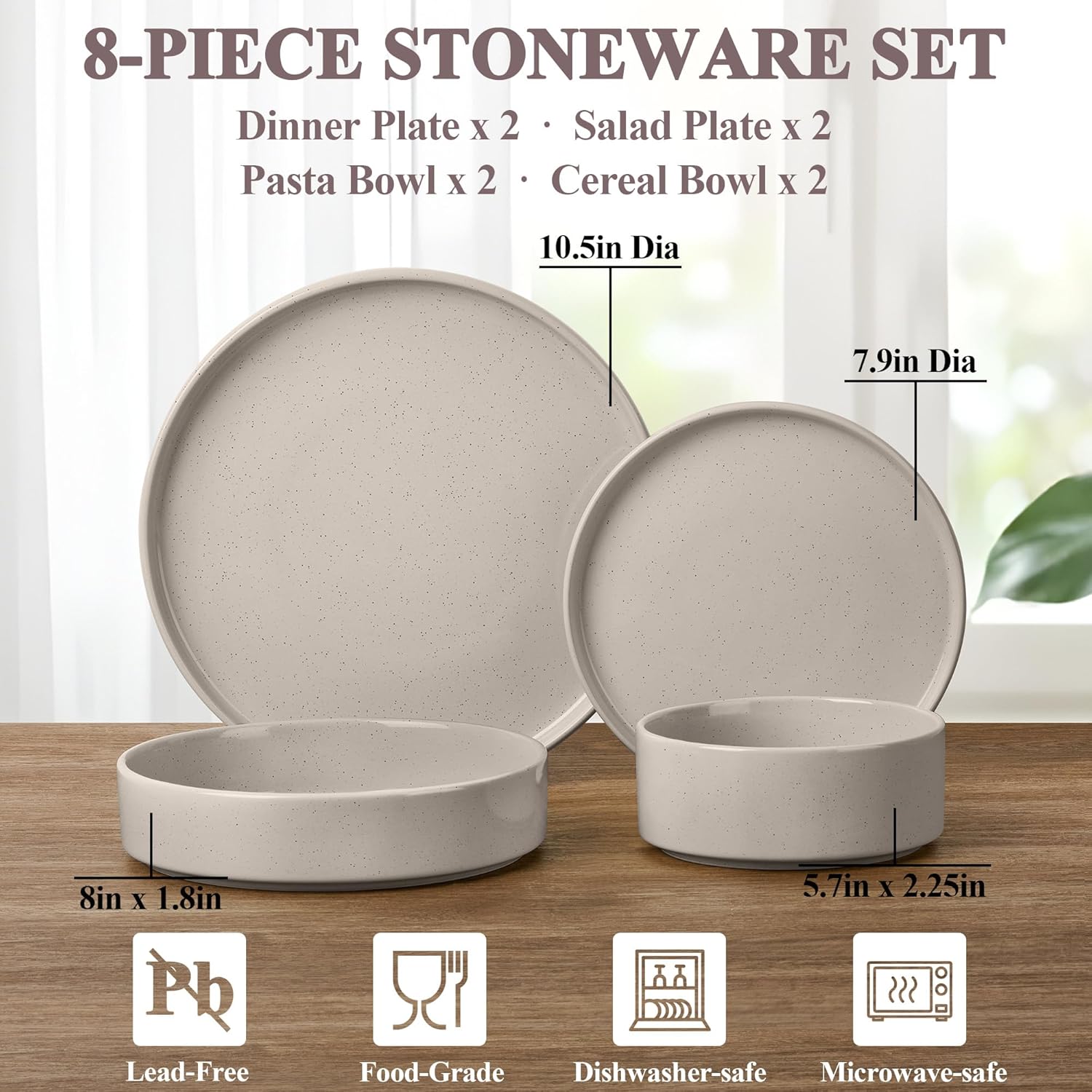 Herogo 8 Piece Plates and Bowls Set, Ceramic Dinnerware Sets with Pasta Bowls, Kitchen Dinner Ware Dishes Service for 2, Chip & Scratch Resistant Dishware, Speckled Coffee Brown