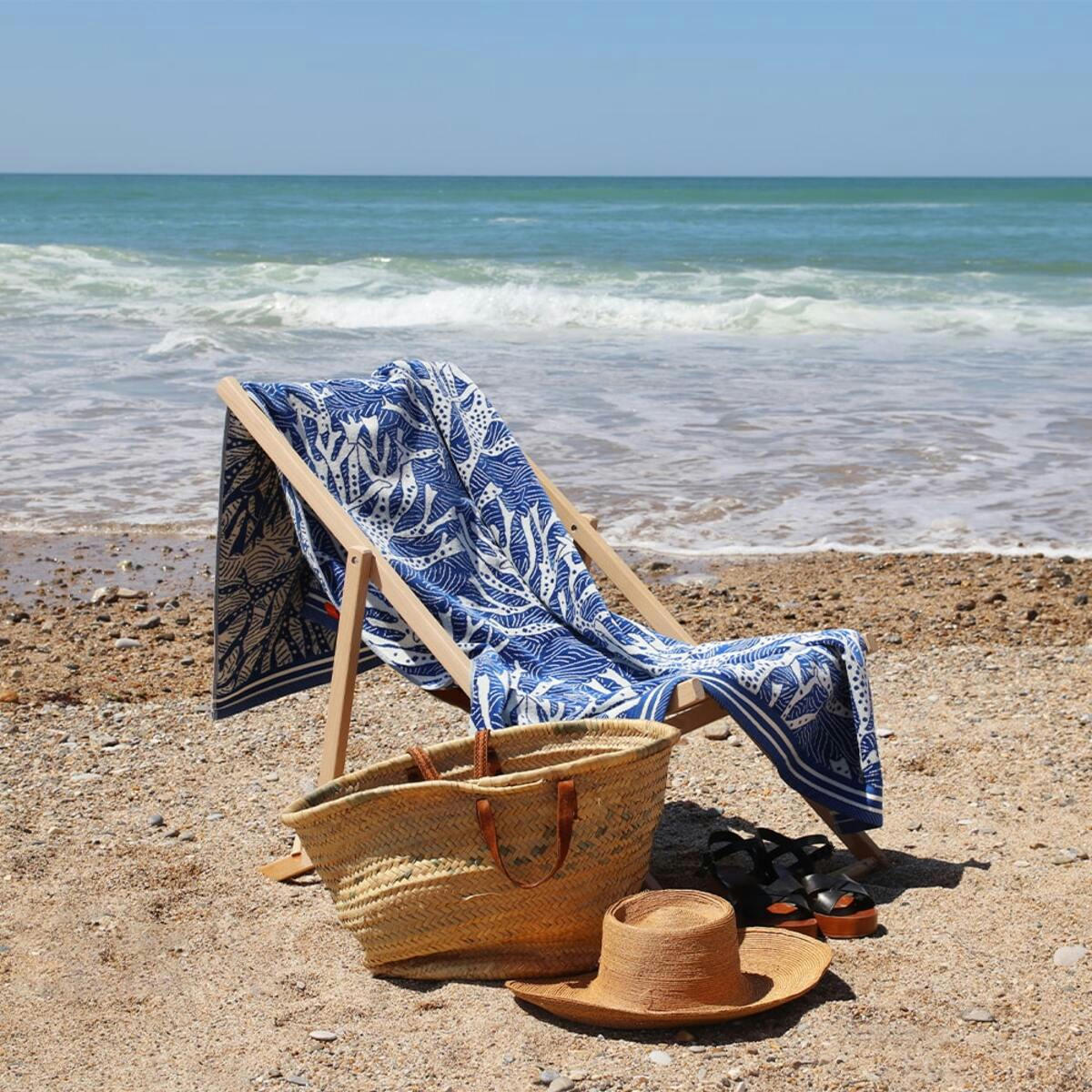 FLORA - Drap de plage coton Bleu 100x180 cm