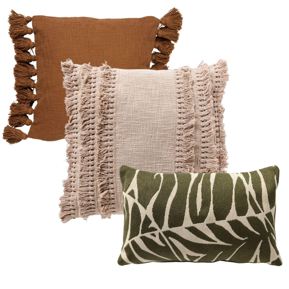 KUSSENSET - 3-delig - Desert Leaves - 45x45 cm, 30x50 cm - Inclusief binnenkussens - groen, beige, bruin
