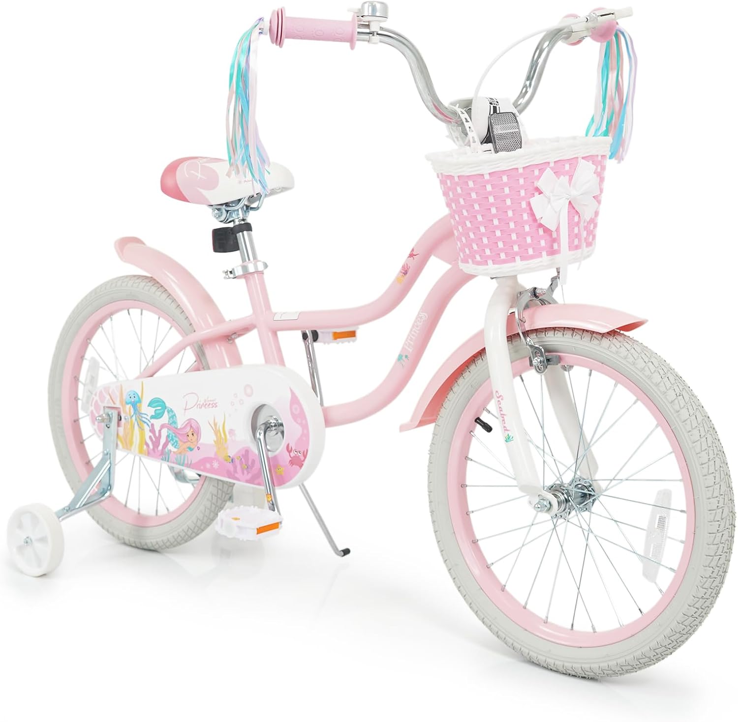 BABY JOY Kids Bike, 12 14 16 18 Mermaid Girls Bike for 3-8 Years Old w/Basket, Training Wheels, Hand & Coaster Brakes, Adjustable Seat & Handlebar, 20 Children Bicycle with Kickstand for 8+