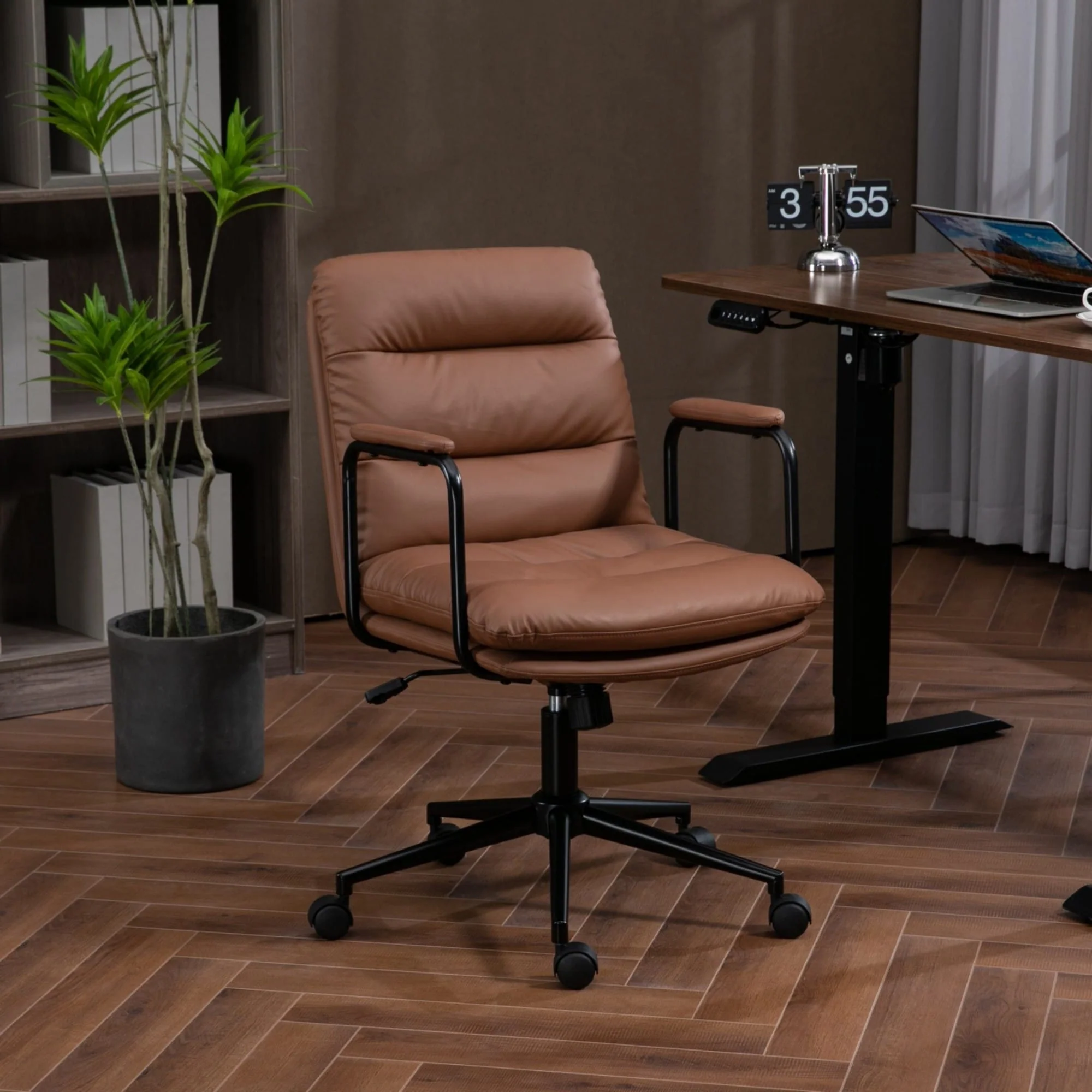 Upholstered home office chair with wheels and arms