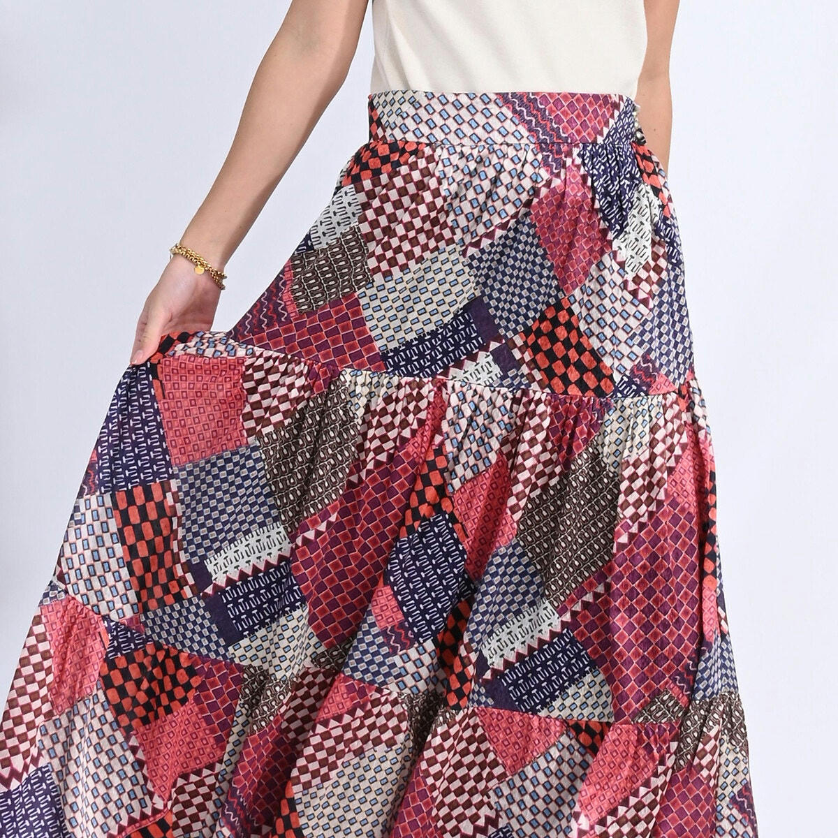 Jupe bohème longue, imprimé patchwork