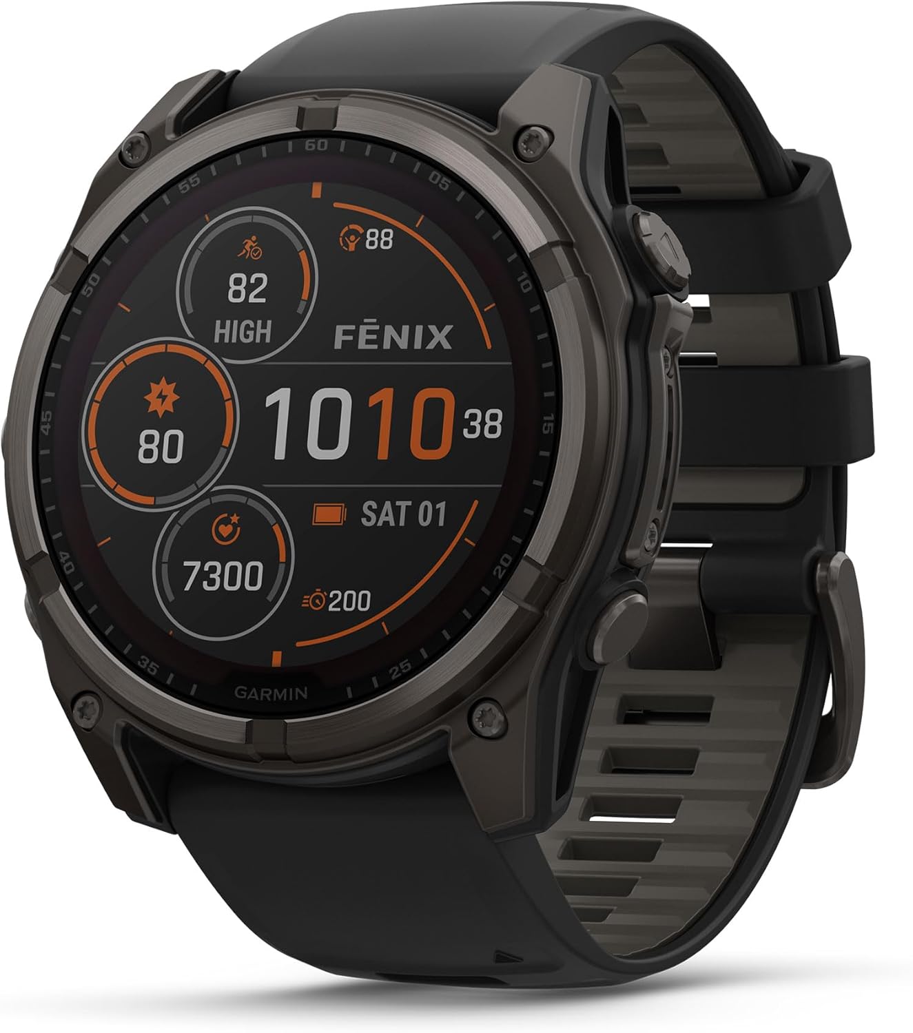 Garmin Fenix 8 Premium Multisport GPS Running Smartwatch  51 mm  Sapphire  Solar  Dive-Rated  Built-in Flashlight  DLC Titanium with Pebble Gray Band - Signature Series Charging Stand