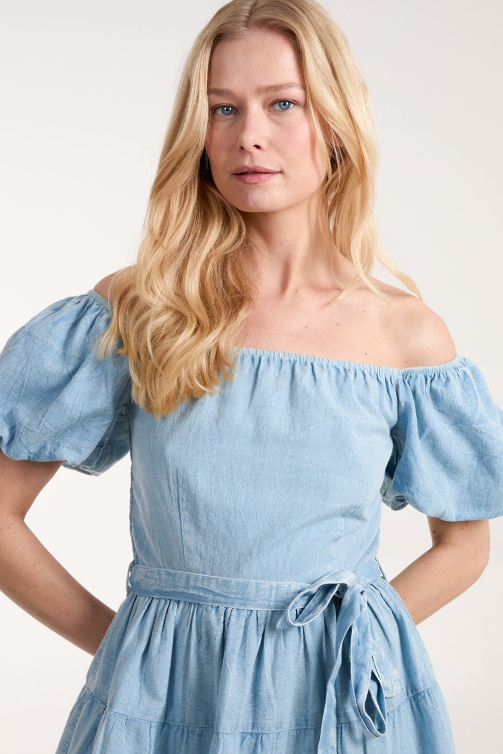 Blue Vanilla Milkmaid Washed Puff Sleeve Mini Dress