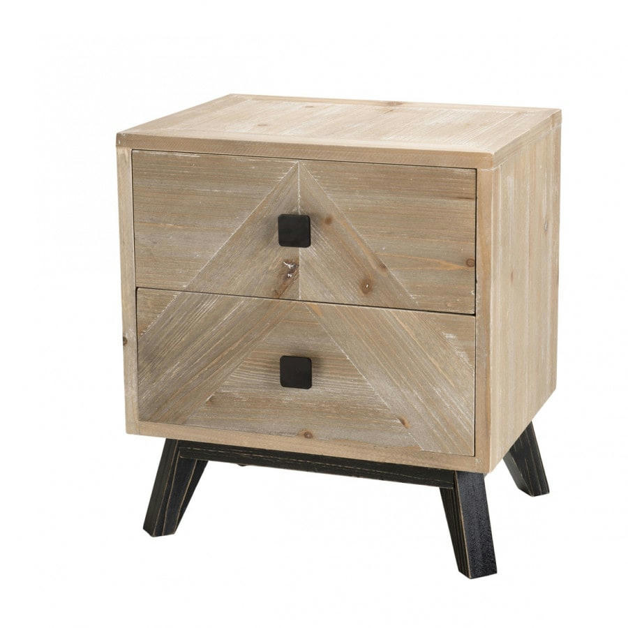 ANDRO - Chevet 2 tiroirs beige pieds en sapin noir