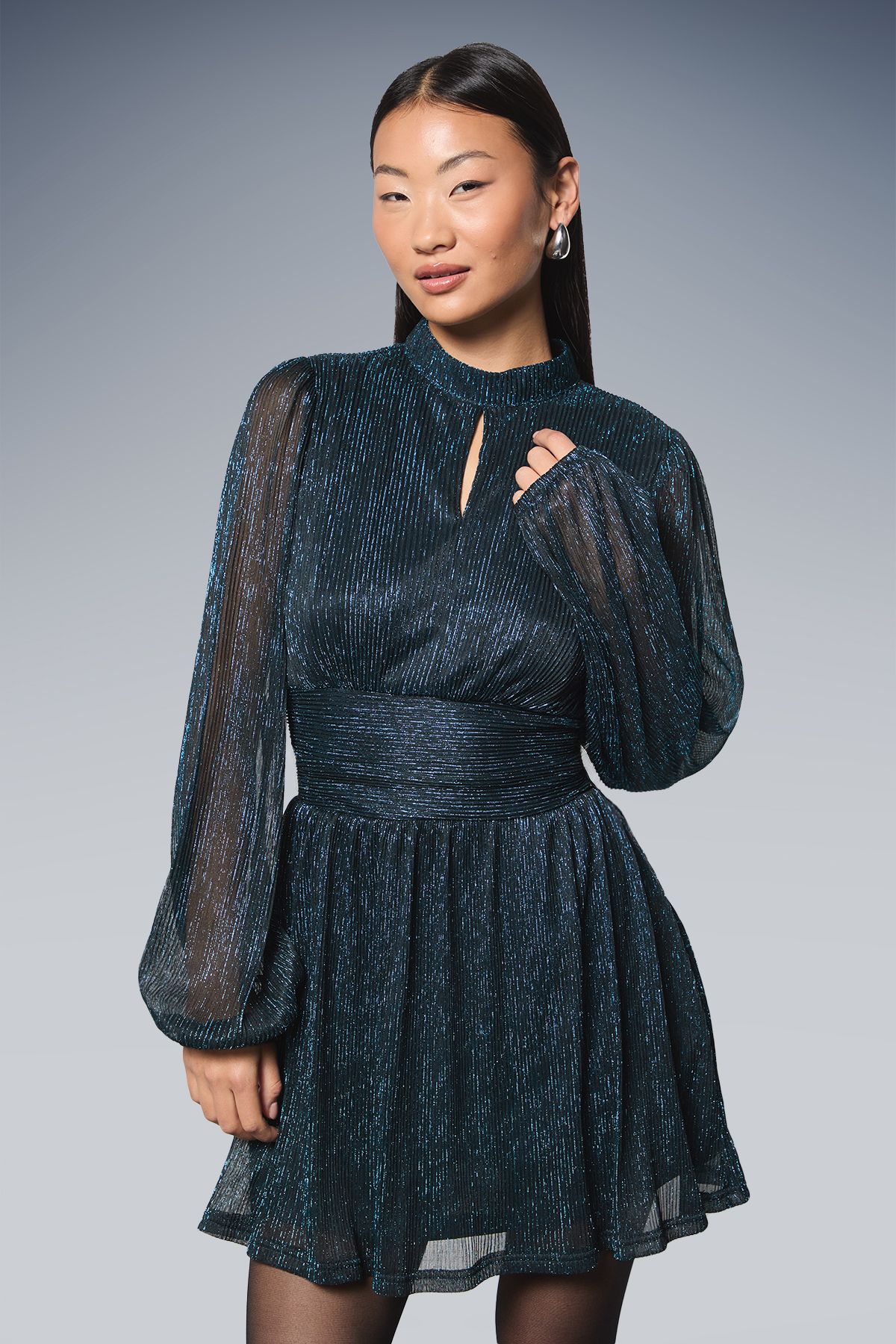 Dorothy Perkins Petite DP Luxe Sparkle Plisse Jersey High Neck Mini Dress